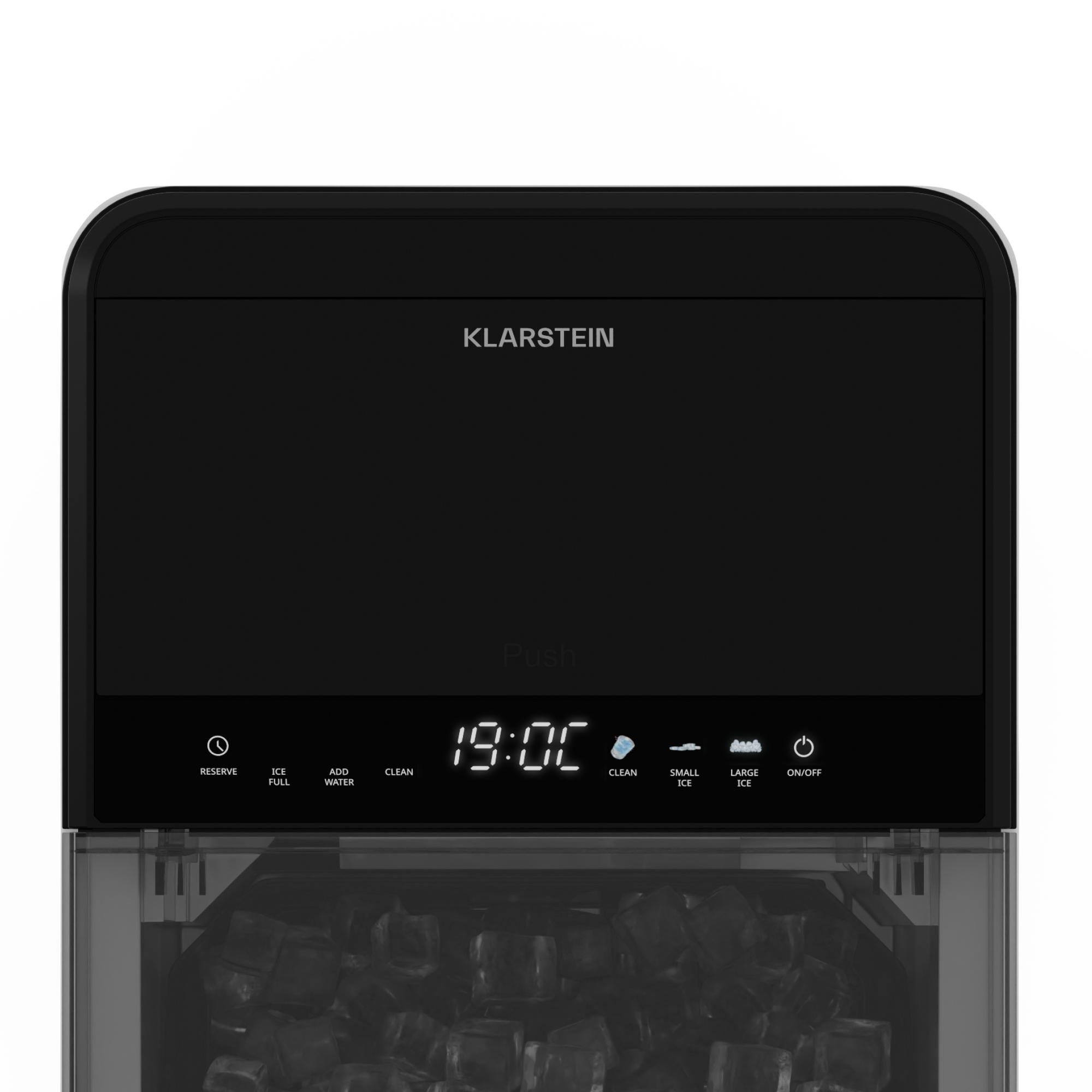 Klarstein Eisbereiter mit digitalem Display und gefülltem Eisbehälter unten.