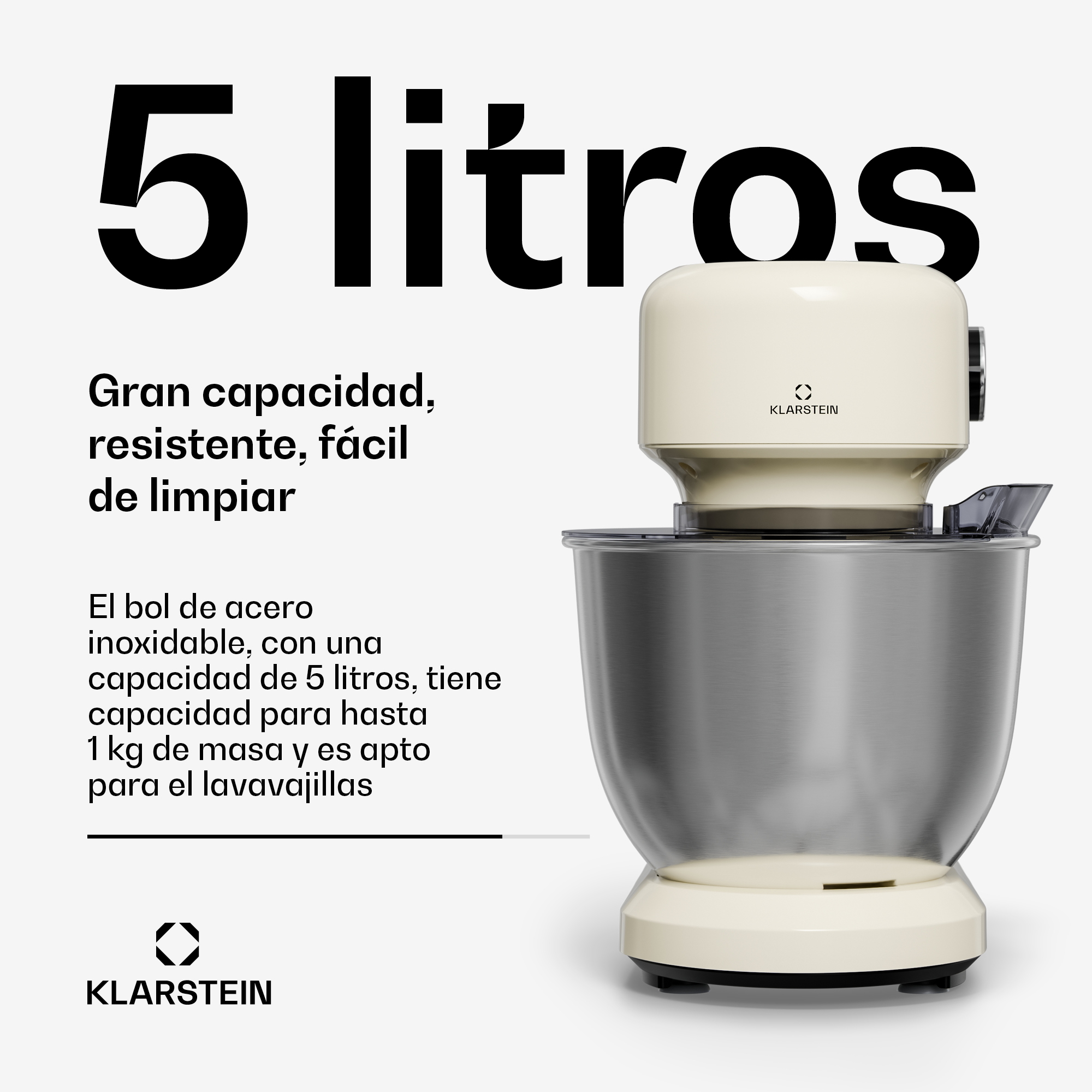 Beigefarbene Klarstein-Küchenmaschine mit Edelstahl-Rührschüssel und Spanischer Produktwerbung.