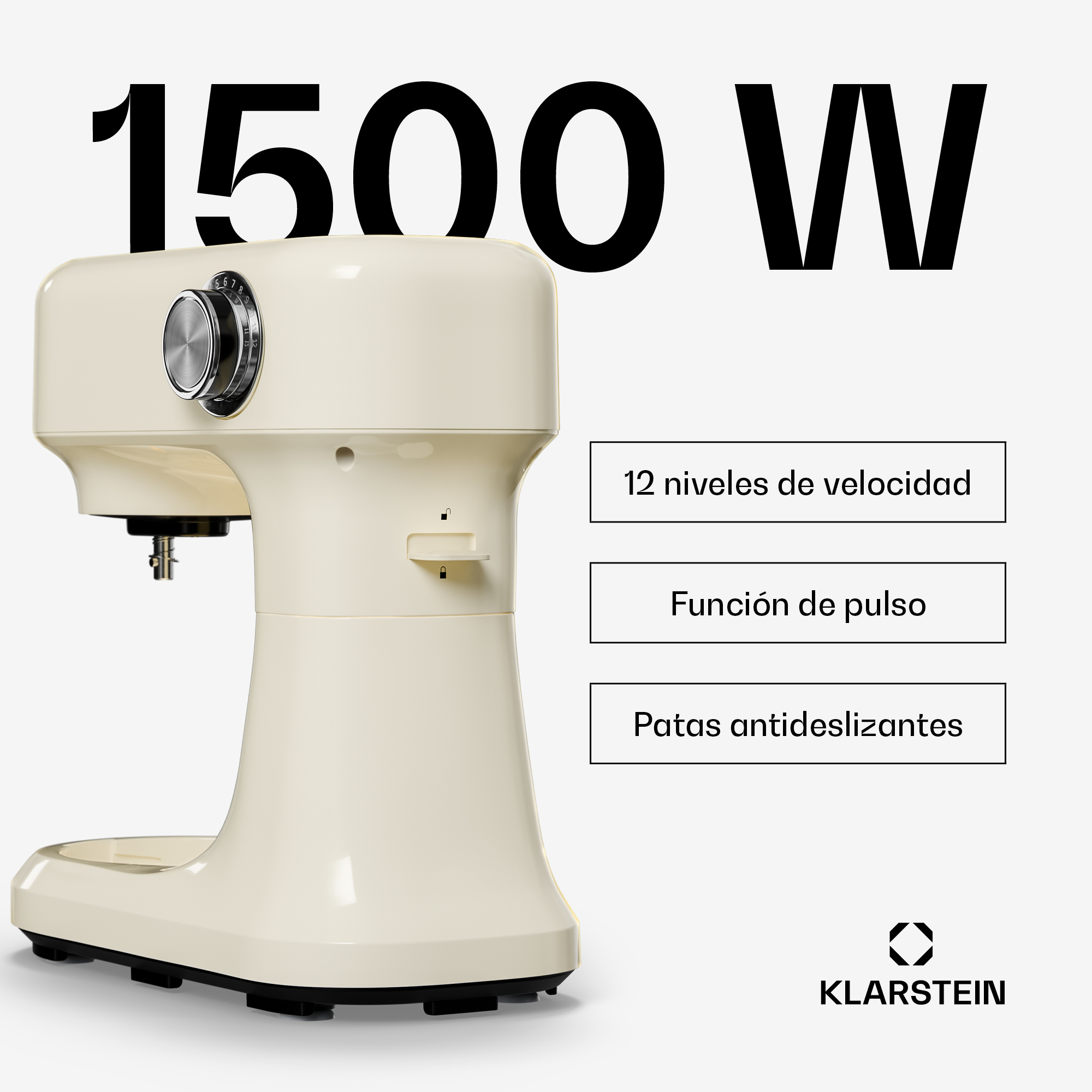 Beigefarbene Küchenmaschine mit 1500W, Geschwindigkeitsregler und Funktionen in Textfeldern dargestellt.