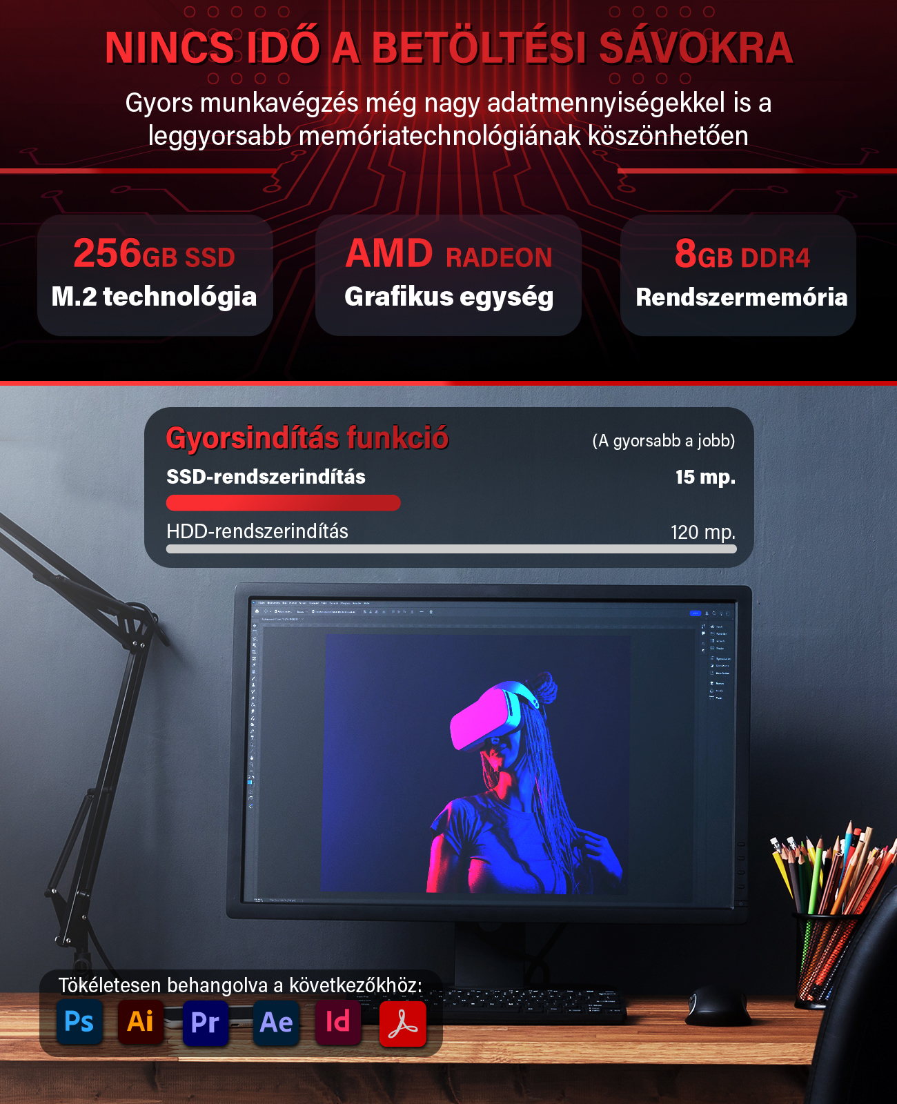 PC hirdetés hardverspecifikációkkal, indítási idő összehasonlítással és egy monitoros asztallal.