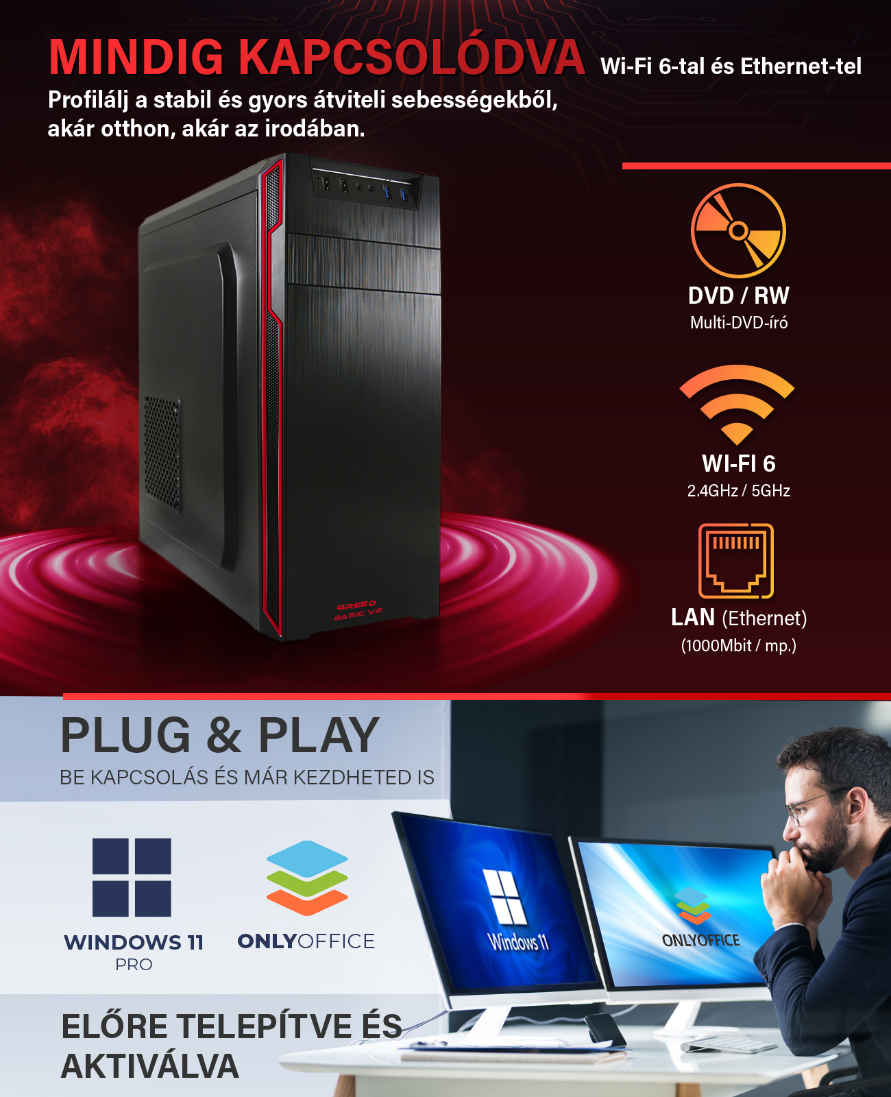 Fekete PC ház piros szegéllyel, DVD, Wi-Fi, LAN ikonok és egy férfi, aki két monitor előtt dolgozik Windows 11-gyel.