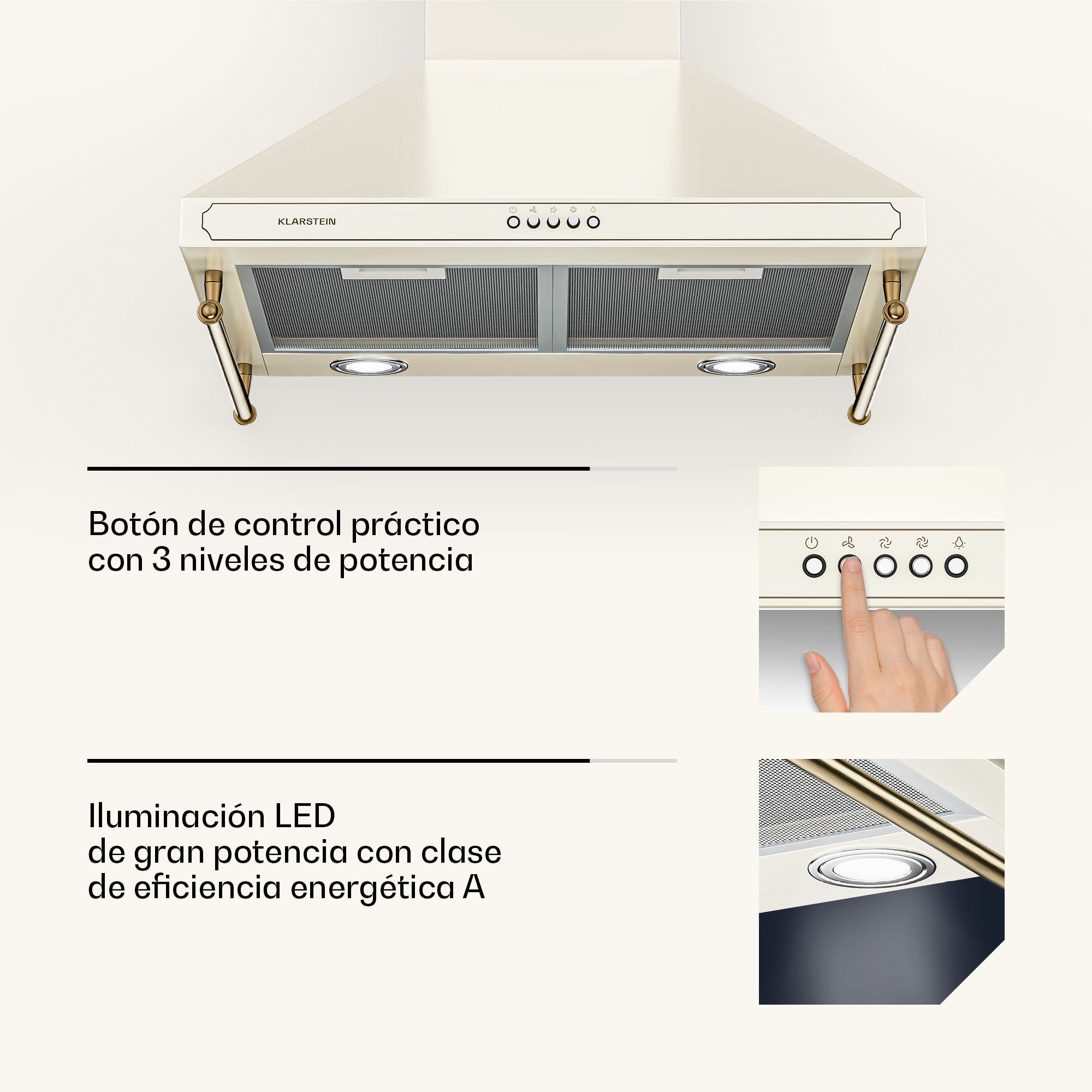 Campana extractora beige con tres niveles de potencia, iluminación LED y tiradores dorados sobre fondo blanco.