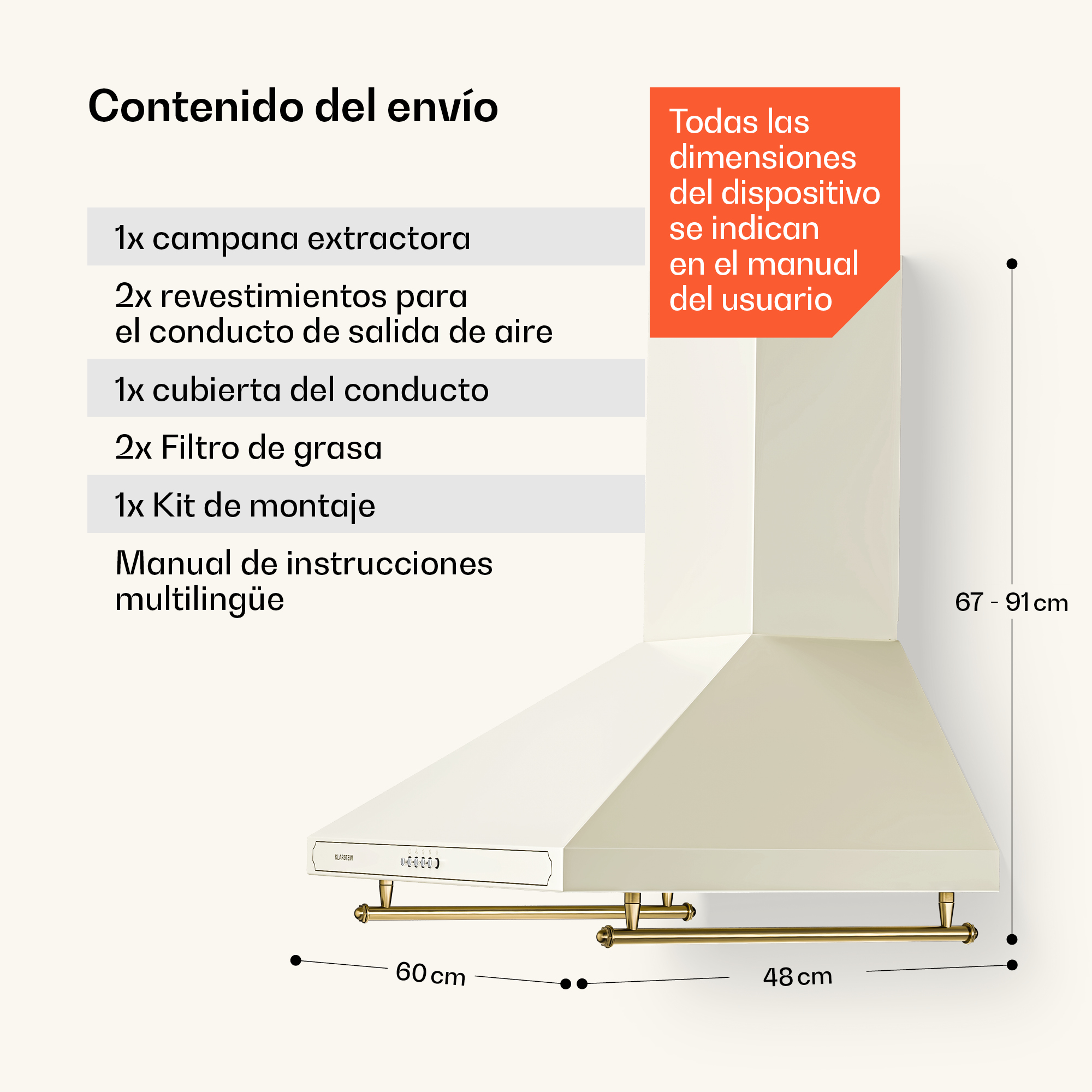 Contenido del envío y dimensiones de una campana extractora blanca con detalles dorados.