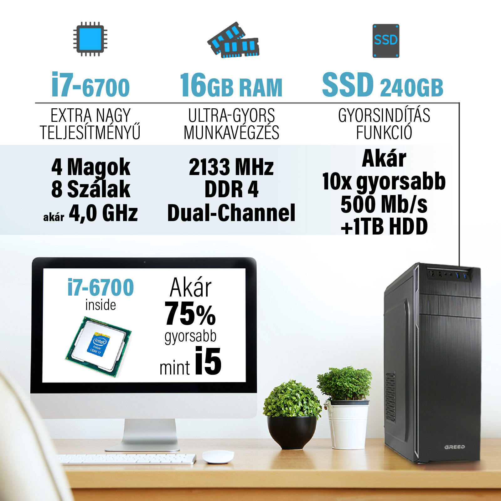 PC hirdetés i7-6700 processzorral, 16GB RAM-mal, SSD-vel, monitorral és fekete házzal.