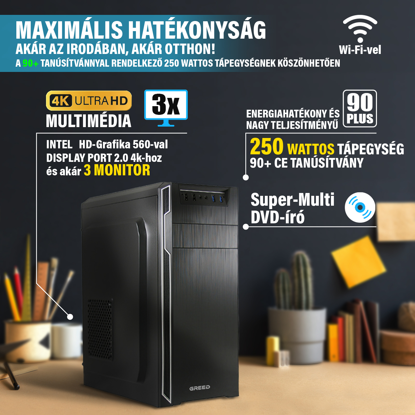 Egy fekete asztali számítógép áll egy fa íróasztalon a sötét fal előtt, technikai kiegészítőkkel körülvéve.