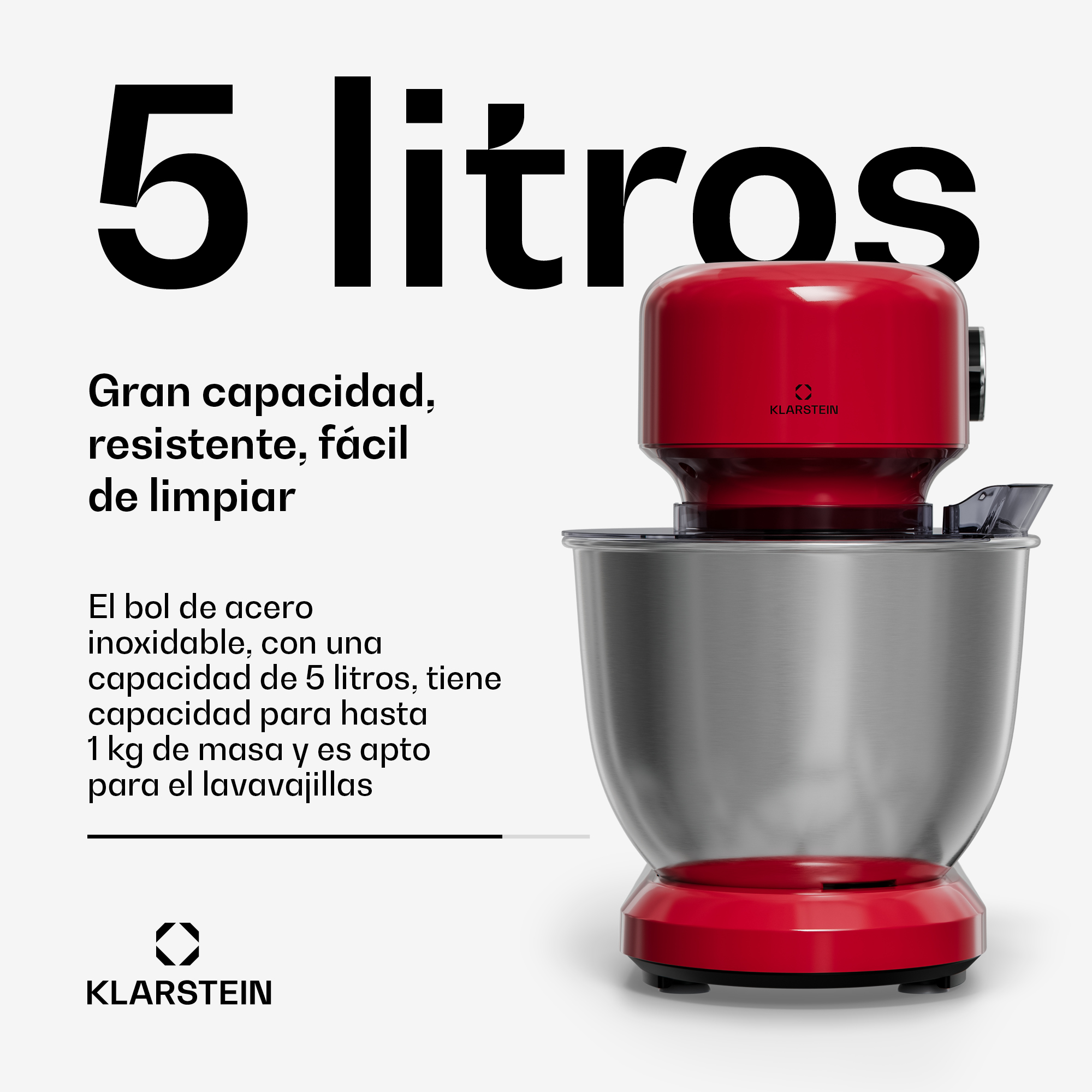 Eine rote Klarstein-Küchenmaschine mit 5-Liter-Edelstahlschüssel vor weißem Hintergrund mit spanischem Text.
