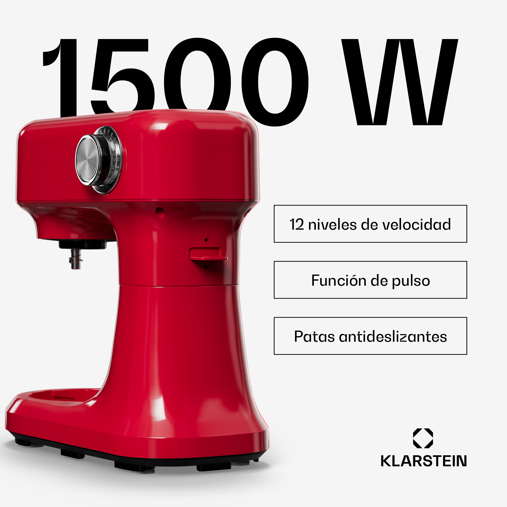 Rote Klarstein Küchenmaschine mit 1500W, Geschwindigkeitsstufen und rutschfesten Füßen auf weißem Hintergrund.