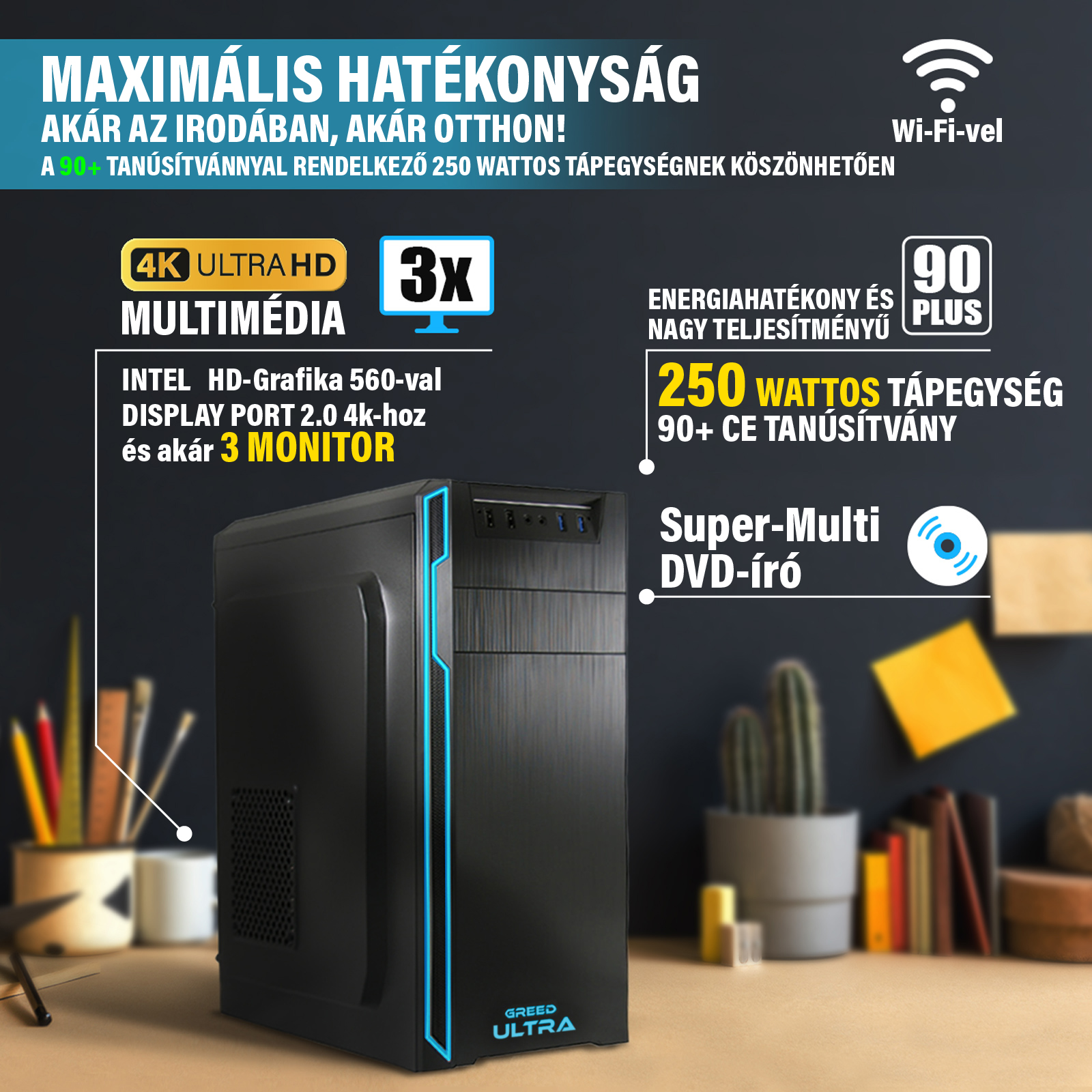 Fekete Greed Ultra asztali számítógép reklámszöveggel, Wi-Fi ikonnal és hardverjellemzőkkel.