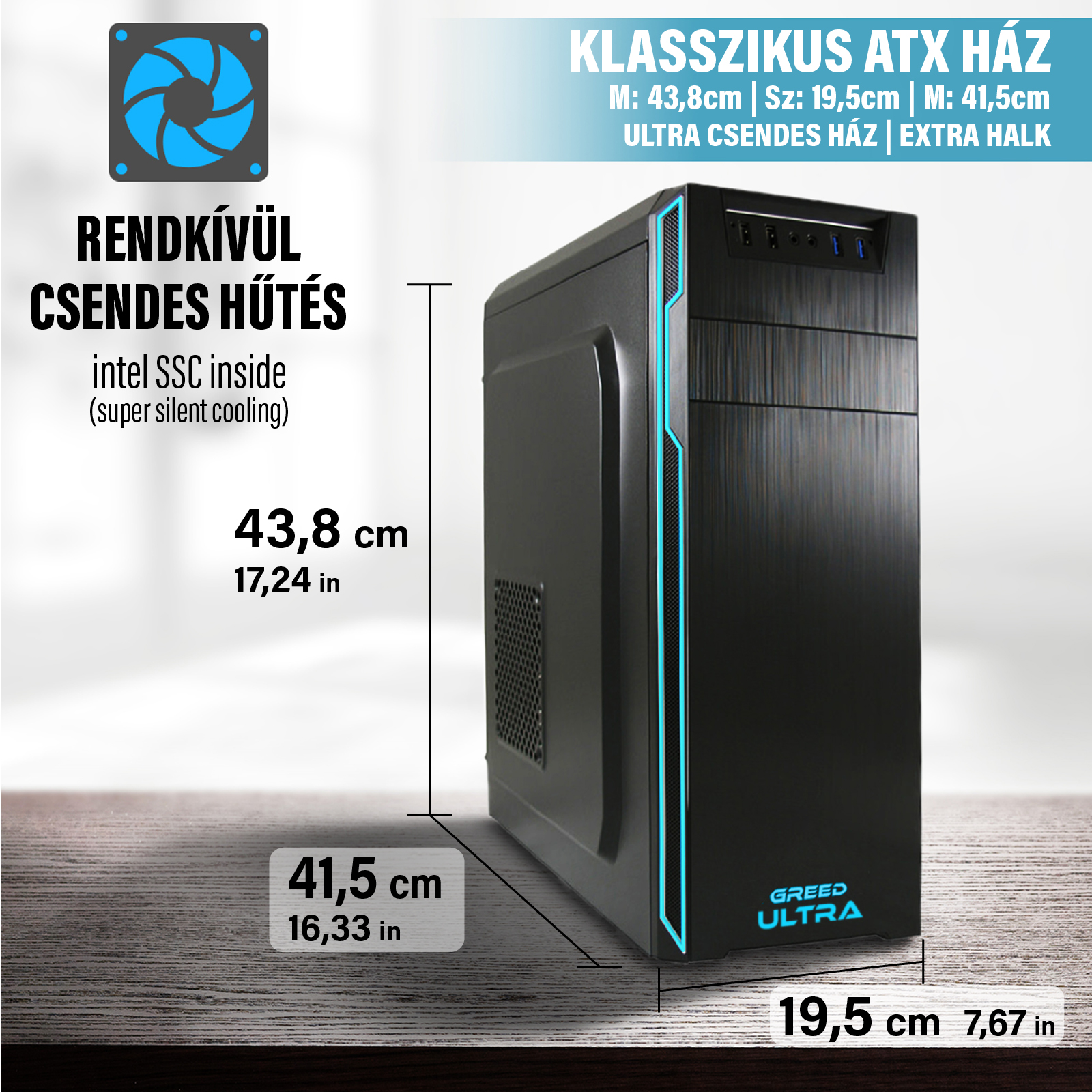 Fekete ATX PC toronyház áll egy fa asztalon, méretekkel és promóciós szöveggel.