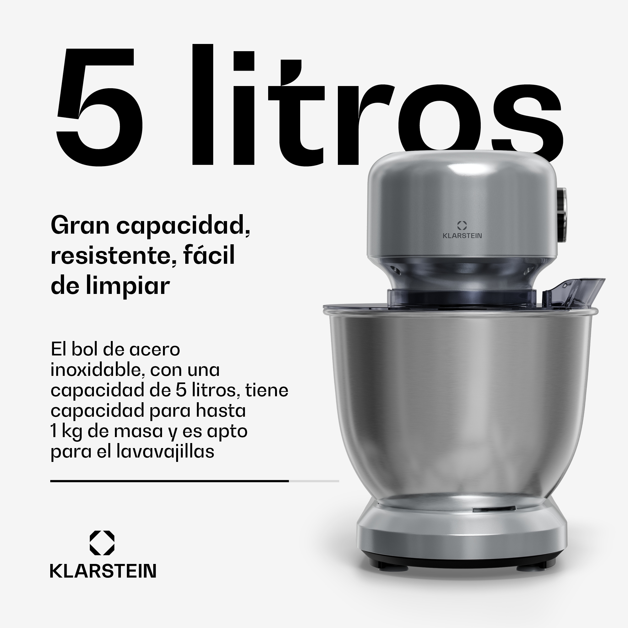 Silberne Klarstein-Küchenmaschine mit 5-Liter-Edelstahlschüssel und Text auf weißem Hintergrund.