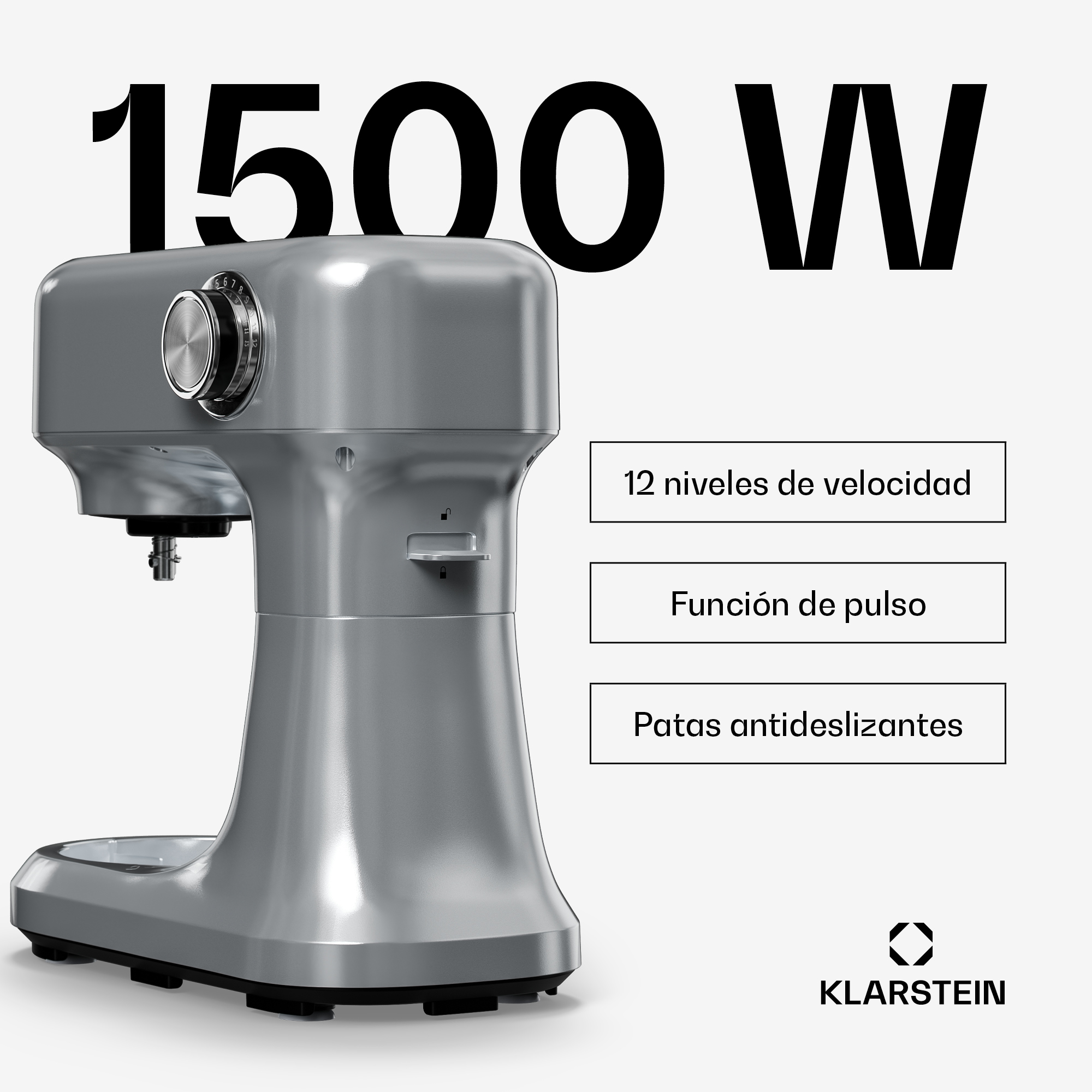 Silberne Küchenmaschine mit 1500 W, 12 Geschwindigkeiten, Pulsfunktion und rutschfesten Füßen vor weißem Hintergrund.