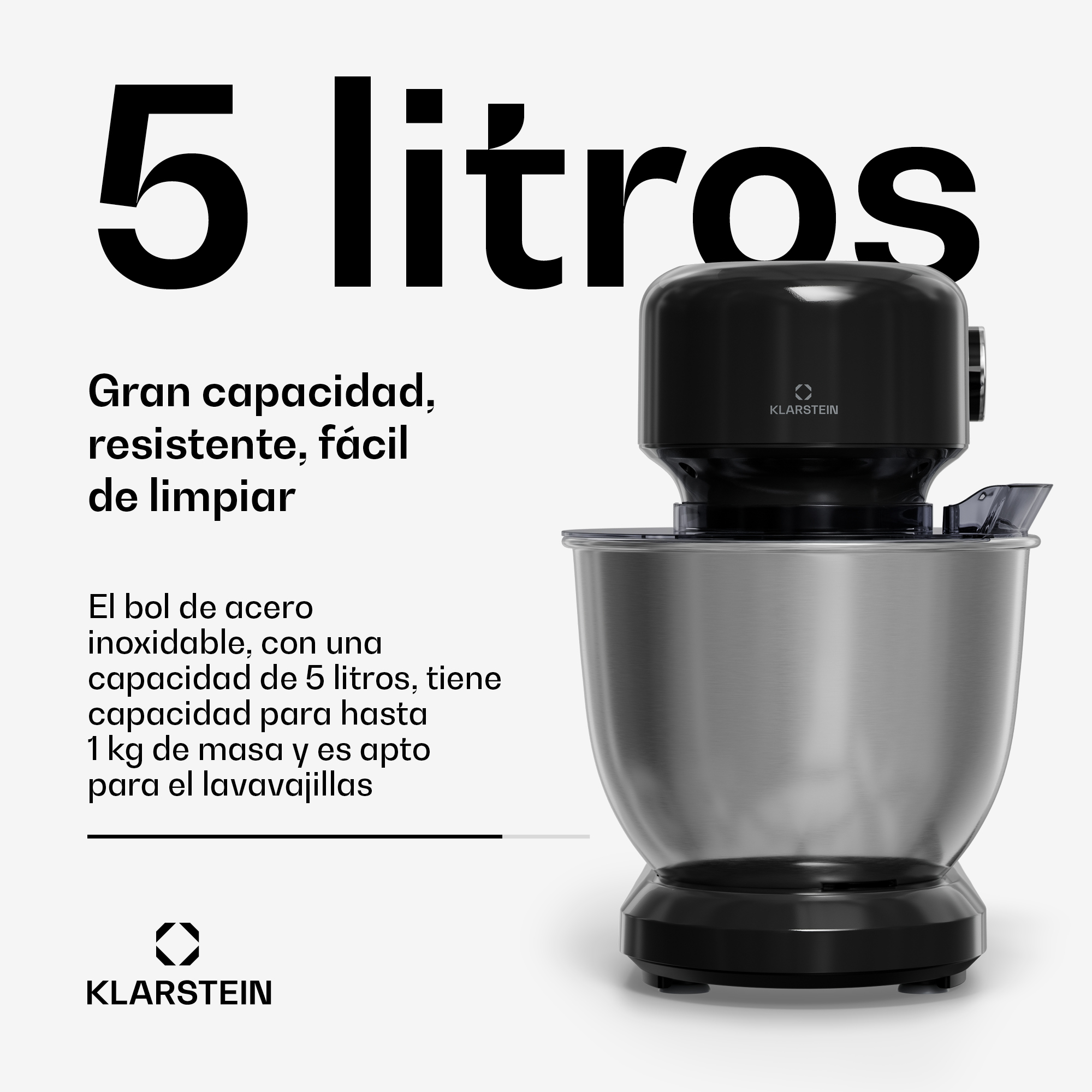 Eine schwarze Klarstein Küchenmaschine mit 5-Liter-Edelstahlschüssel und spanischem Text.