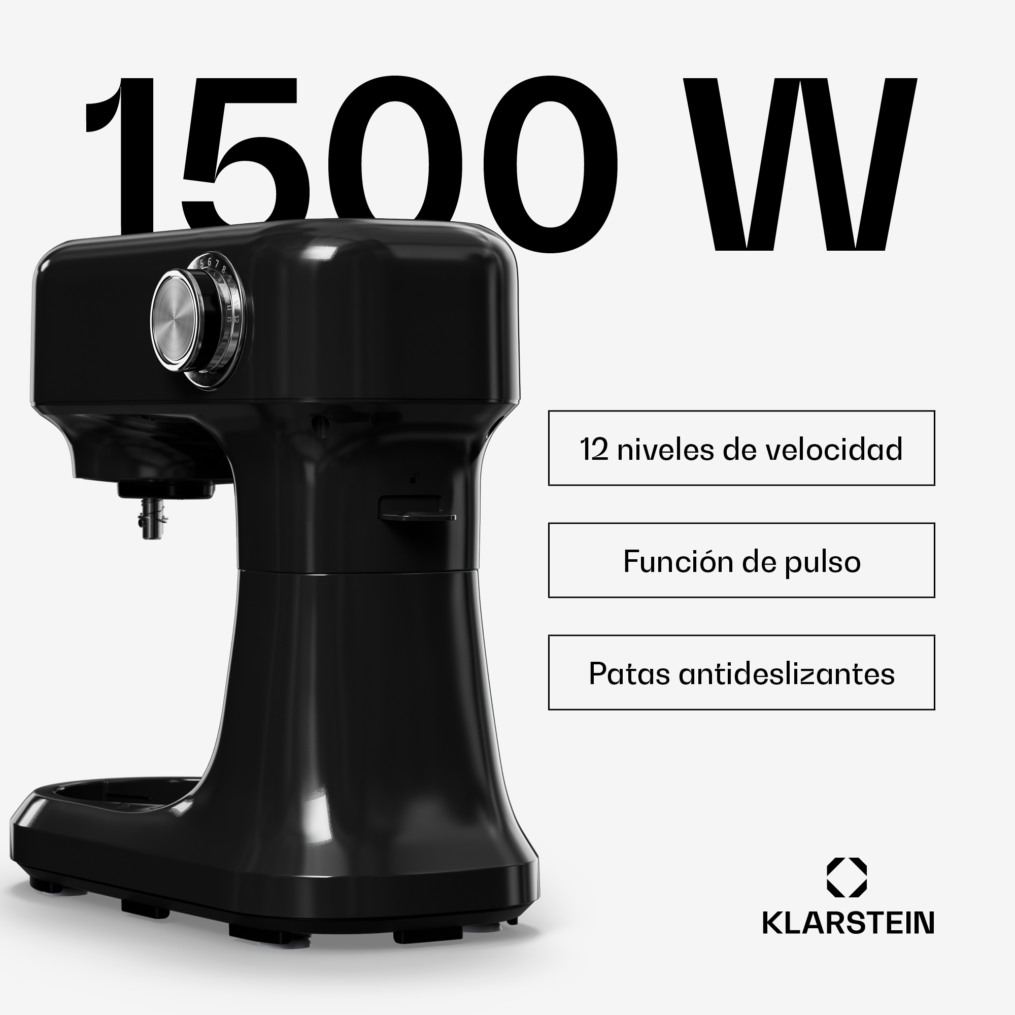 Schwarze Küchenmaschine mit 1500W, 12 Geschwindigkeiten, Pulsfunktion und Antirutschfüßen vor weißem Hintergrund.