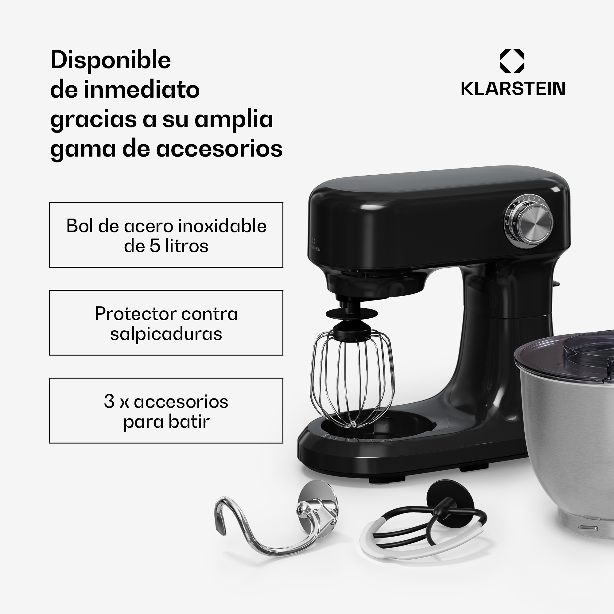 Eine schwarze Klarstein-Küchenmaschine mit Aufsätzen, edelstahl Schüssel und spanischem Werbetext.