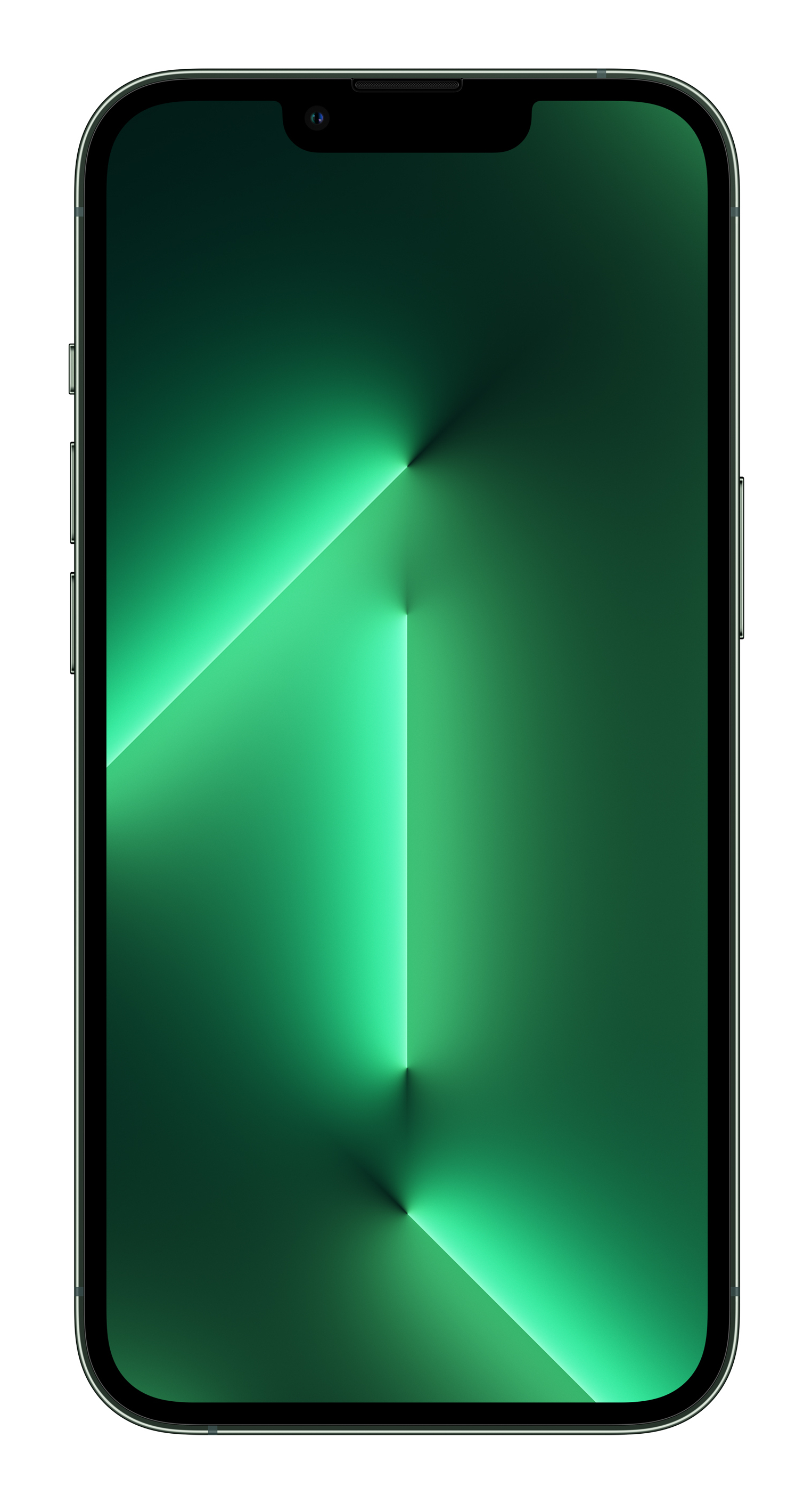 Smartfon z zieloną tapetą i czarną ramką, pokazany frontalnie na białym tle.