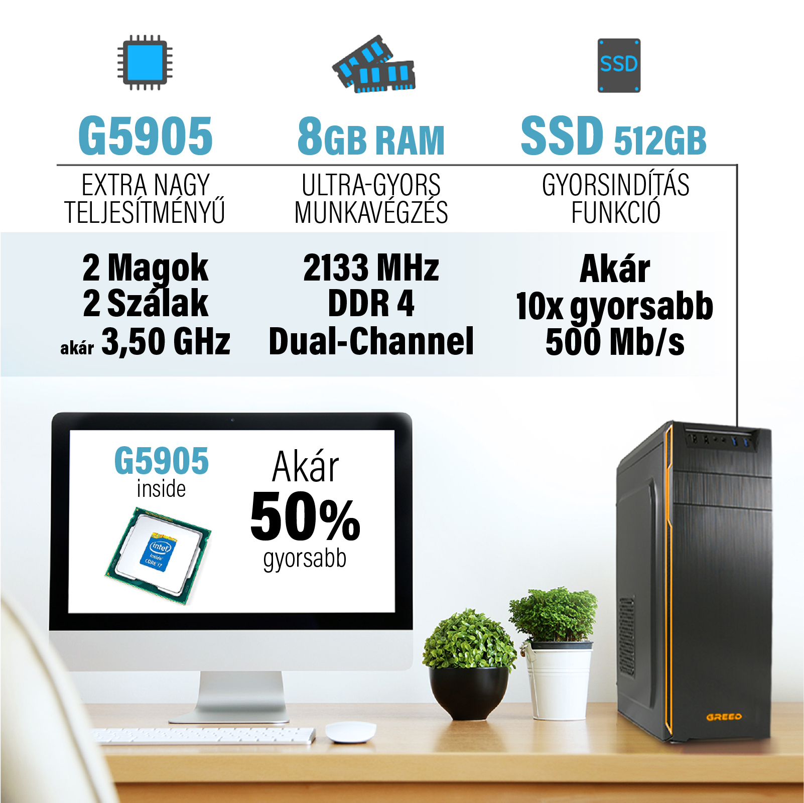 Számítógép hirdetés processzorral, RAM-mal, SSD-vel és adatokkal egy fa asztalon lévő PC felett.