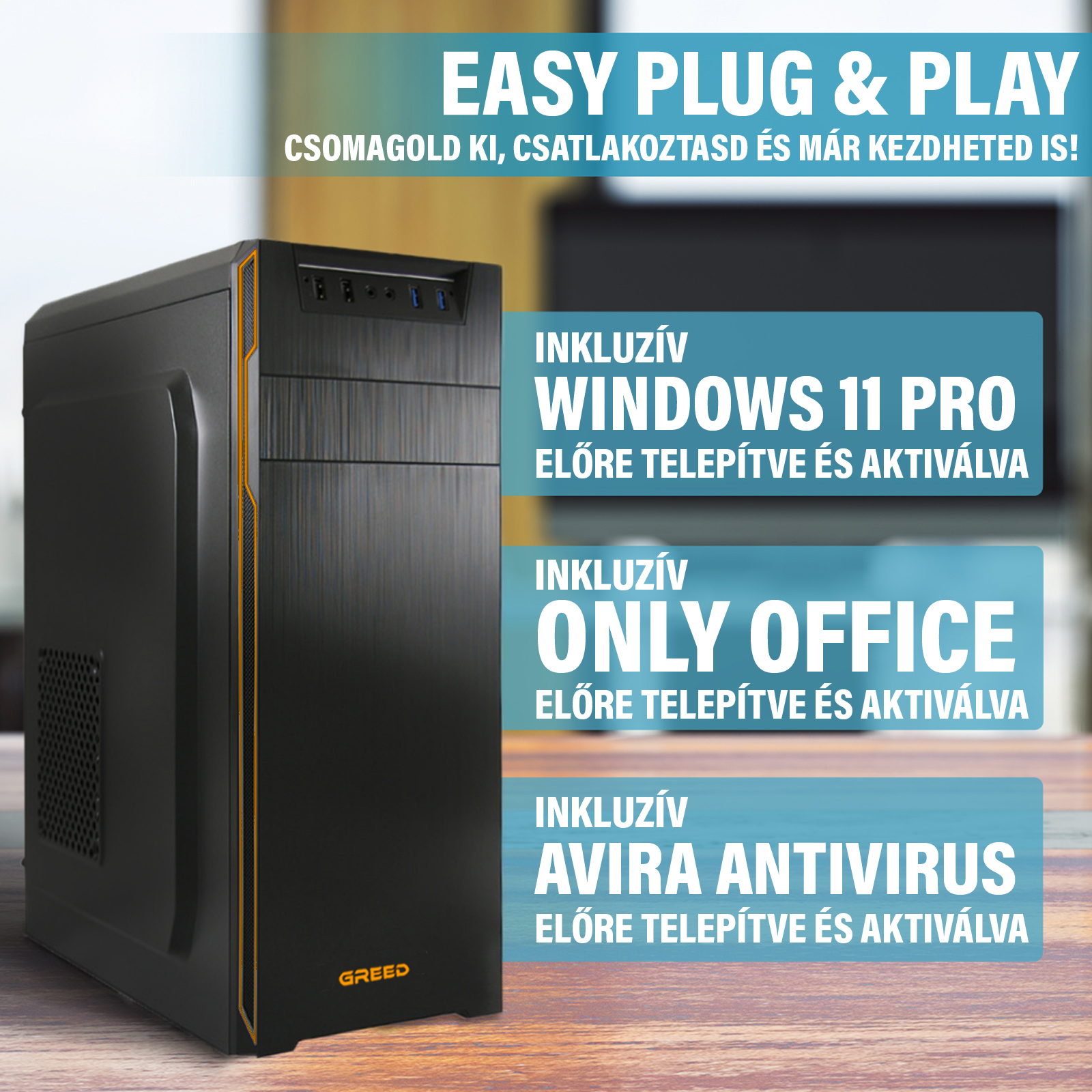 Fekete Greed asztali számítógép fa asztalon, Windows 11 Pro, Only Office és Avira szöveggel.
