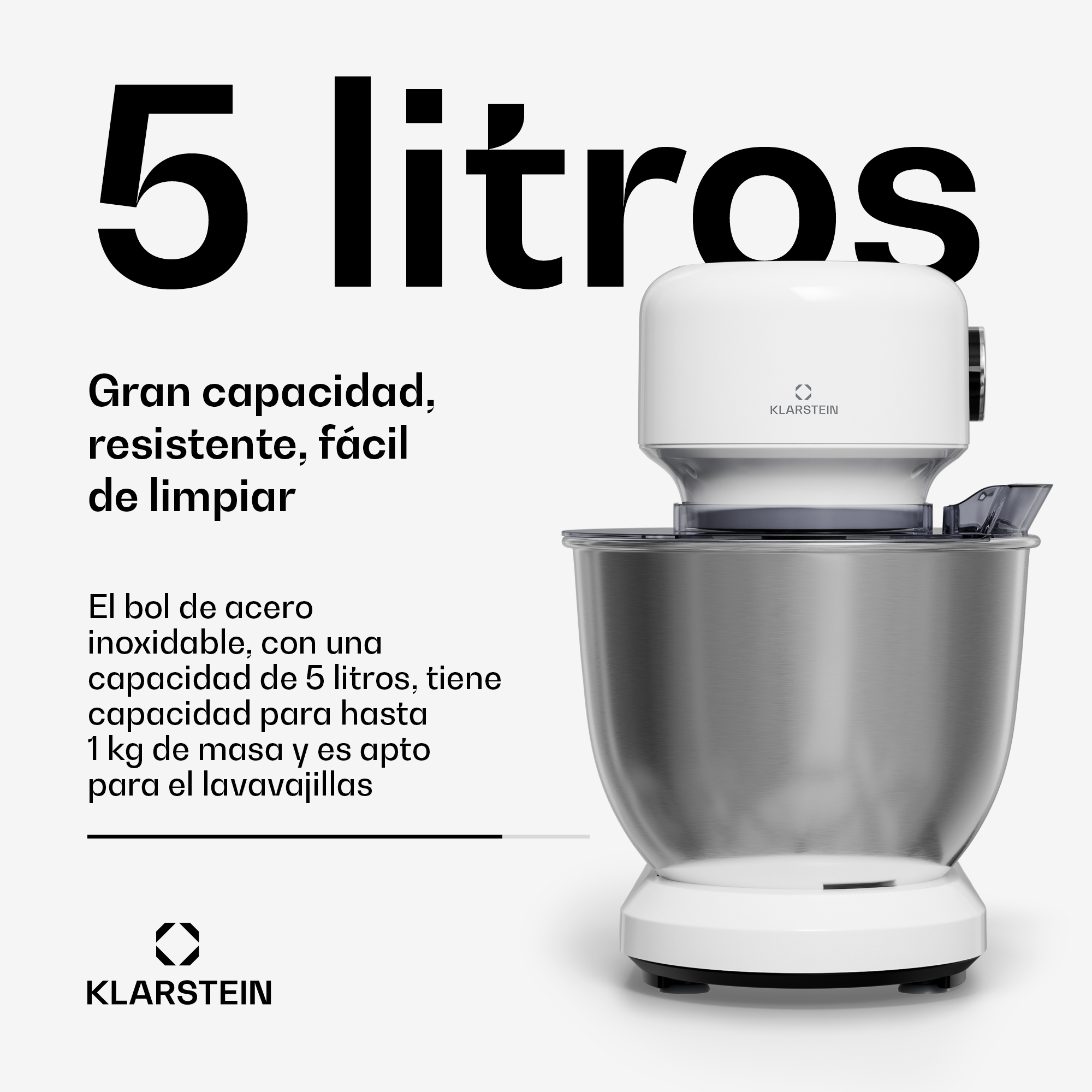 Weiße Klarstein Küchenmaschine mit 5-Liter-Edelstahlschüssel und Werbetext.