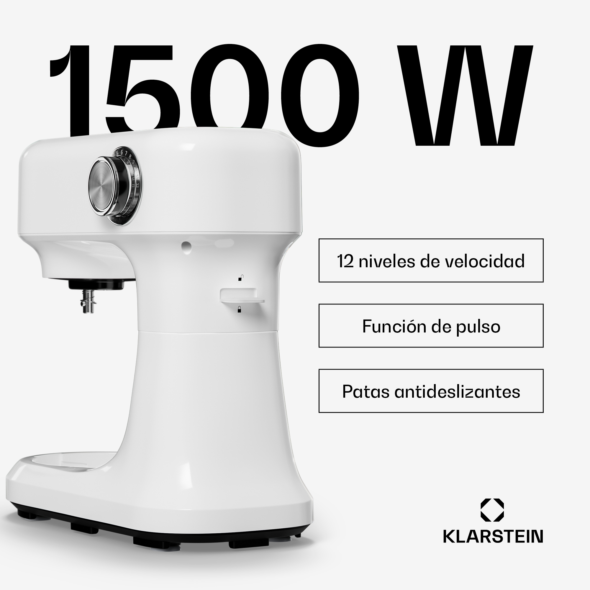 Weiße Küchenmaschine mit 1500 Watt, Geschwindigkeitsregler und drei Textfeldern mit Funktionen.
