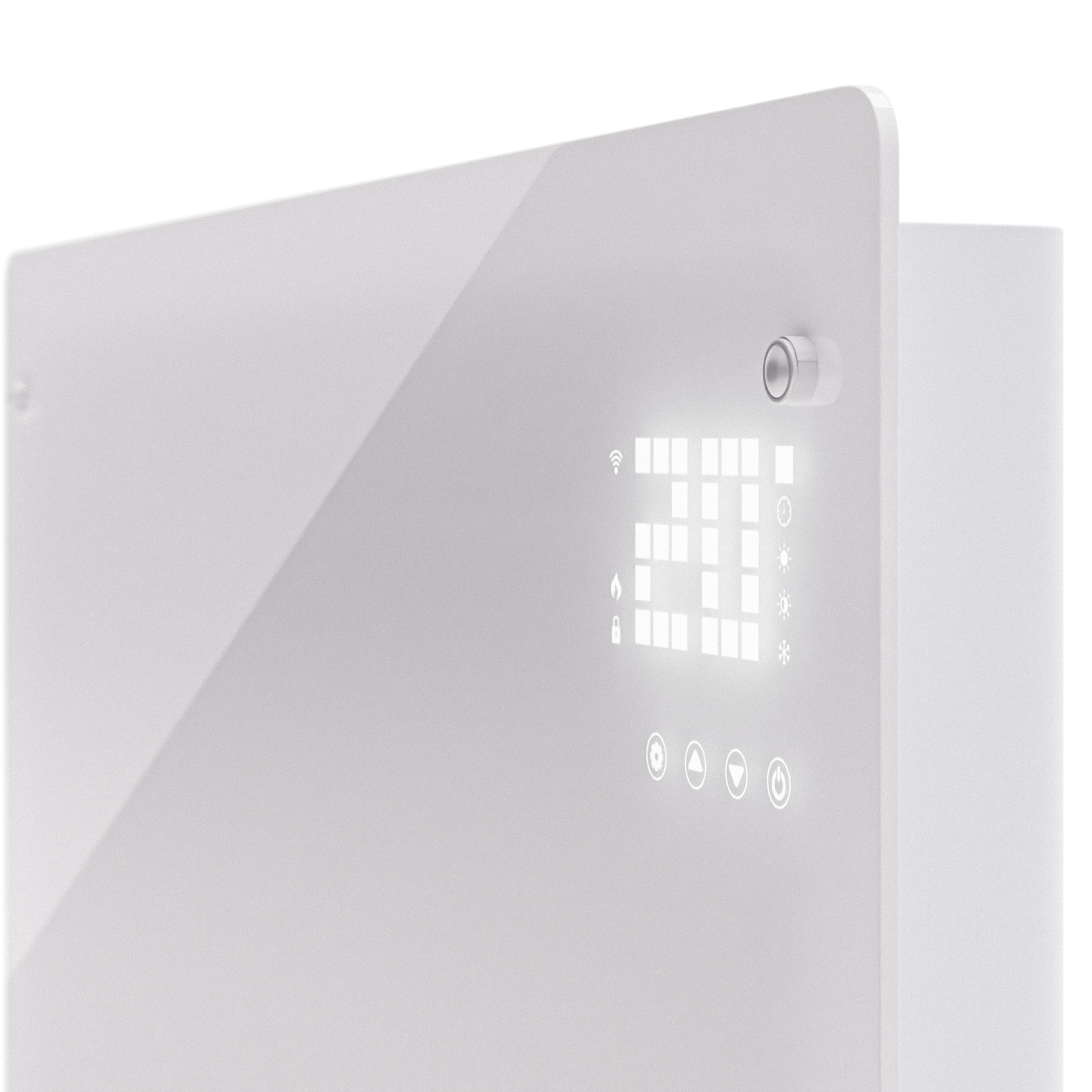 Weißes Heizgerät mit glänzender Front und digitalem LED-Display.