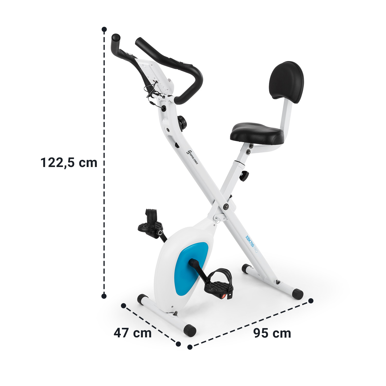 Weißer Heimtrainer mit blauen Akzenten, schwarzem Sitz und Maßen von 122,5 x 47 x 95 cm vor weißem Hintergrund.