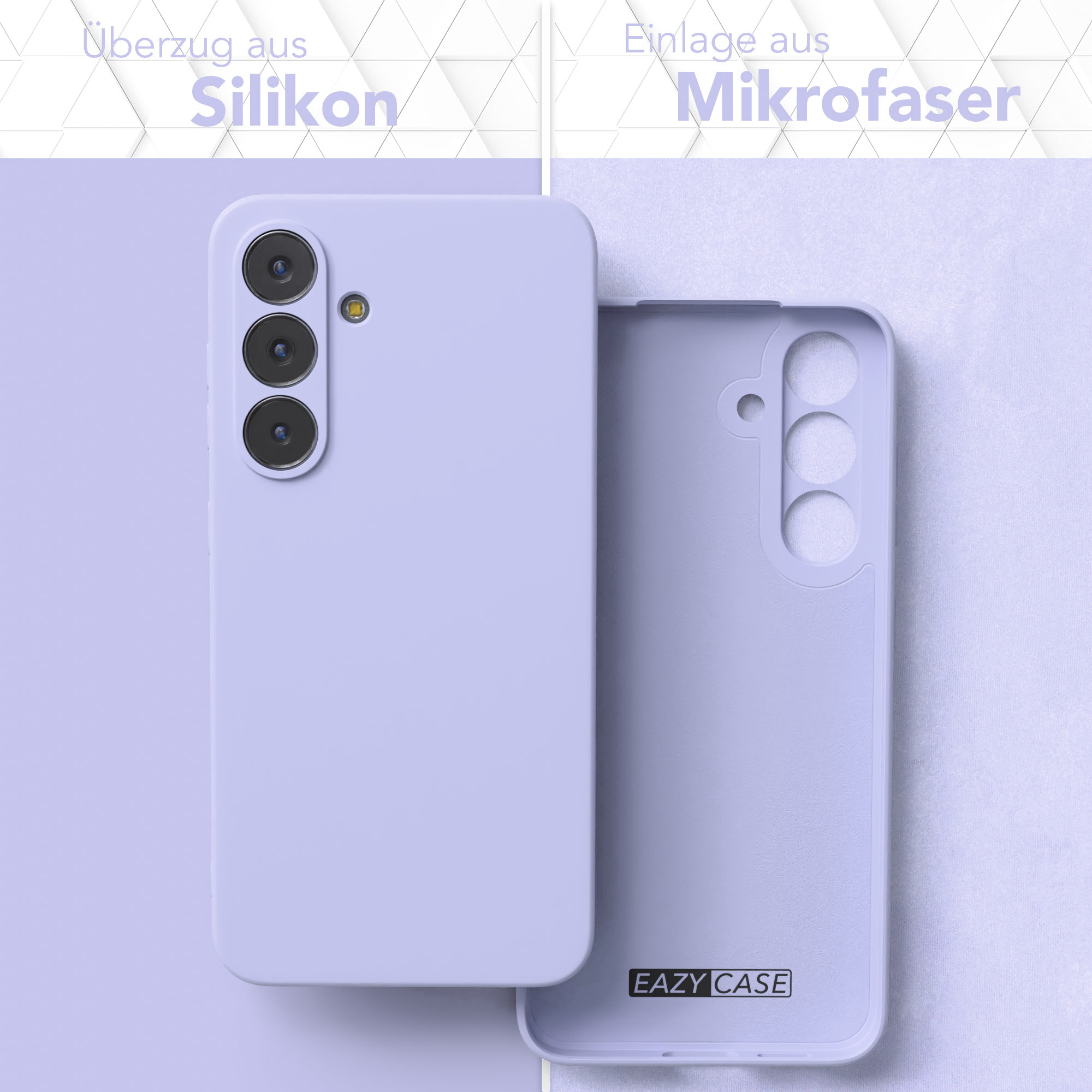 Lila Silikon-Handyhülle mit Mikrofasereinlage und Eazy Case-Logo.