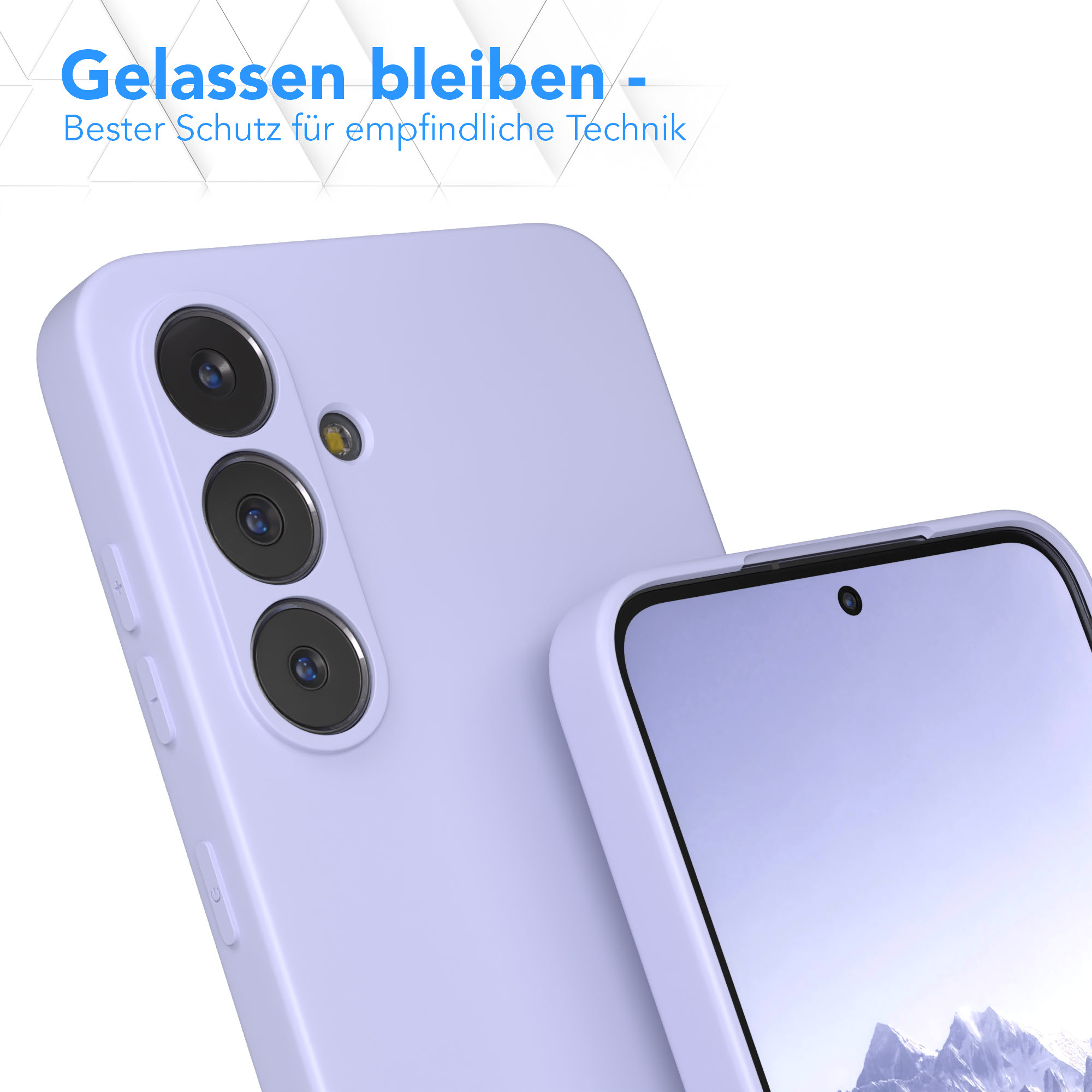 Ein lilafarbenes Smartphone in einer Schutzhülle mit drei Kameras auf der Rückseite und Text oben.