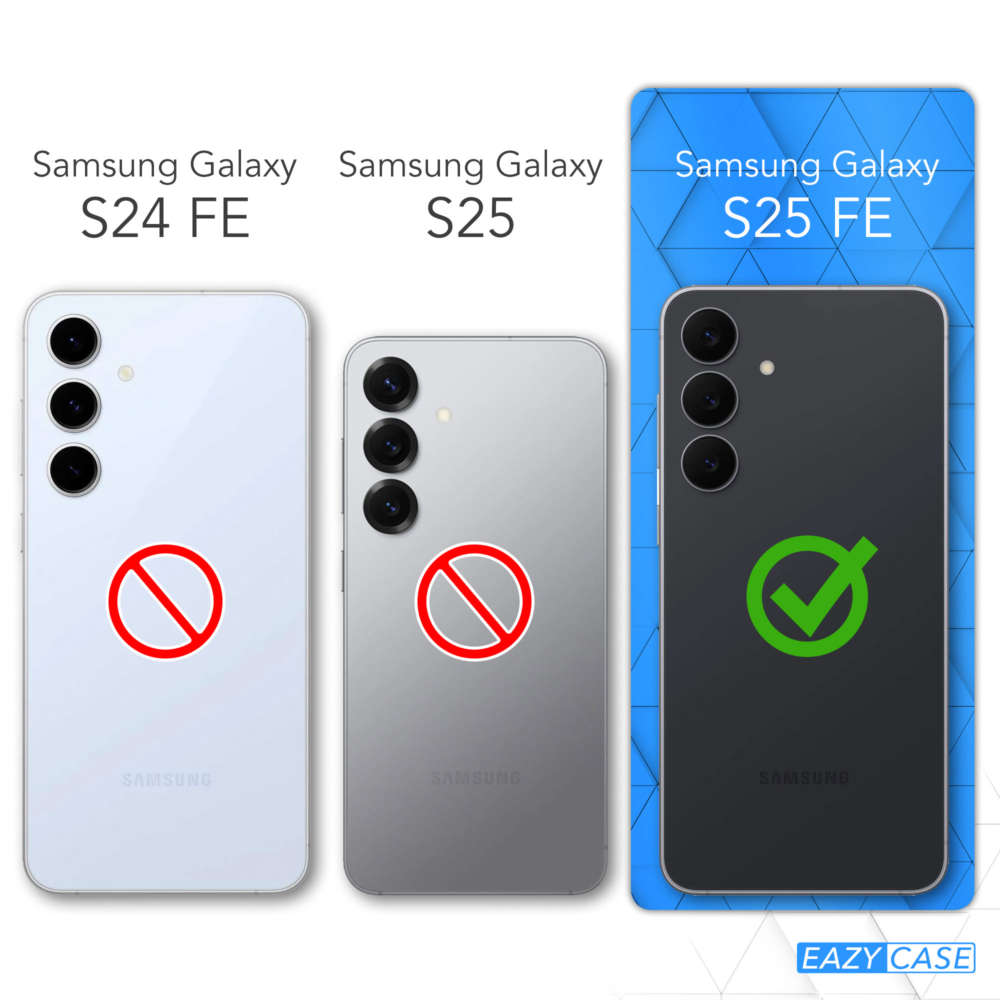 Vergleich von Samsung Galaxy S24 FE und S25 mit roten Verbotsschildern sowie S25 FE mit grünem Haken.