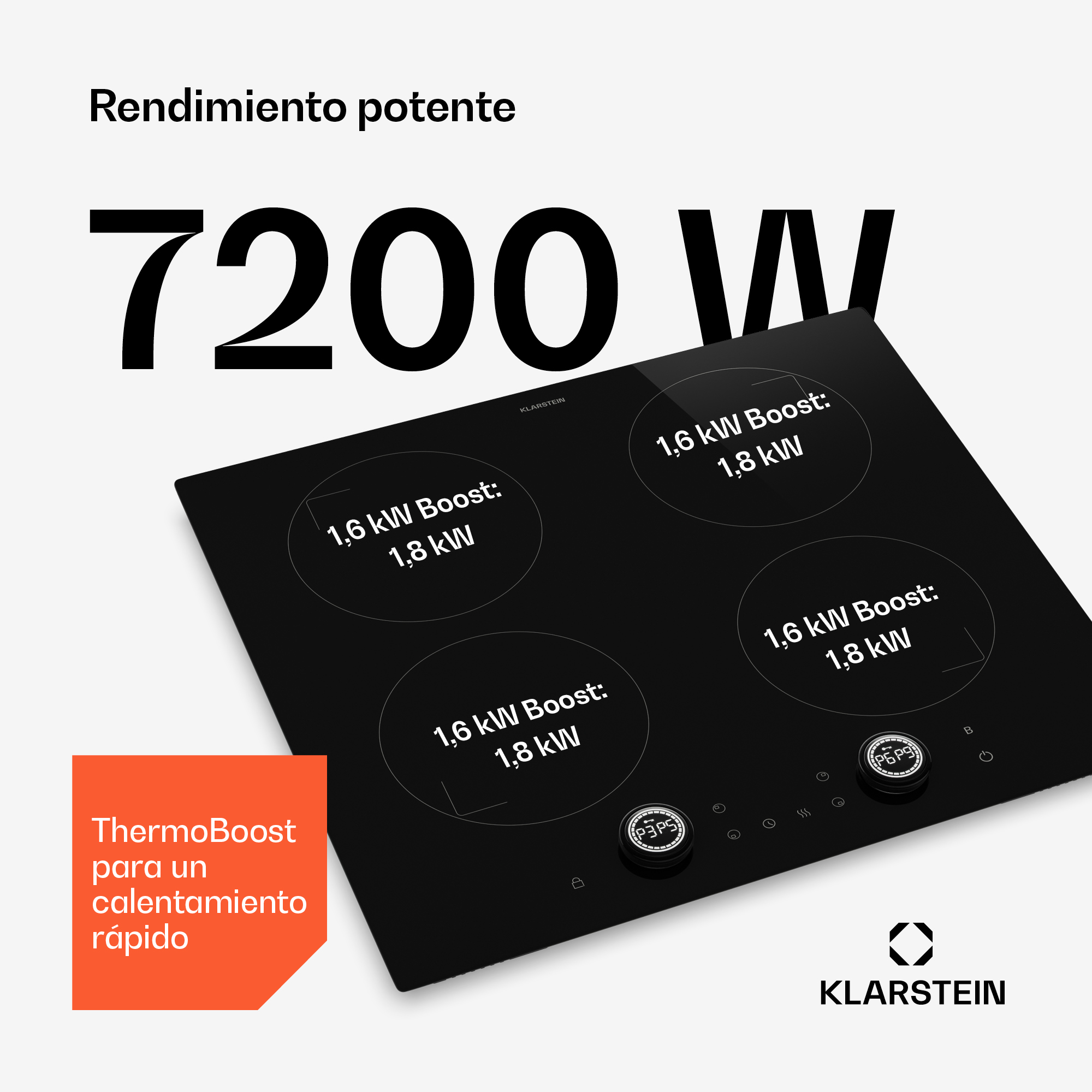 Schwarzes Klarstein-Induktionskochfeld mit 7200W Leistung, vier Kochzonen und Touch-Bedienung.