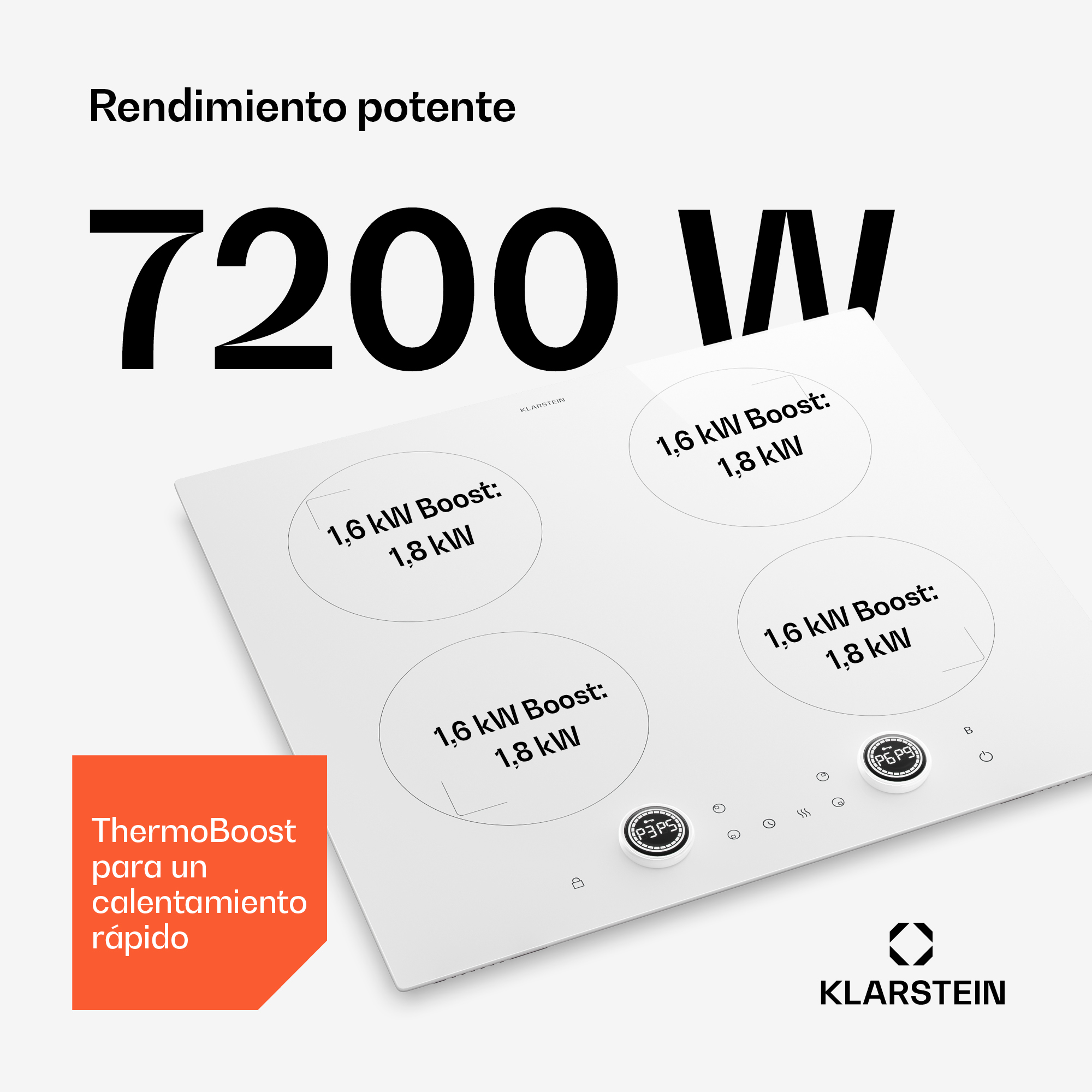 Weißes Klarstein Induktionskochfeld mit 7200W Leistung und vier Kochzonen, inklusive Touch-Bedienung.