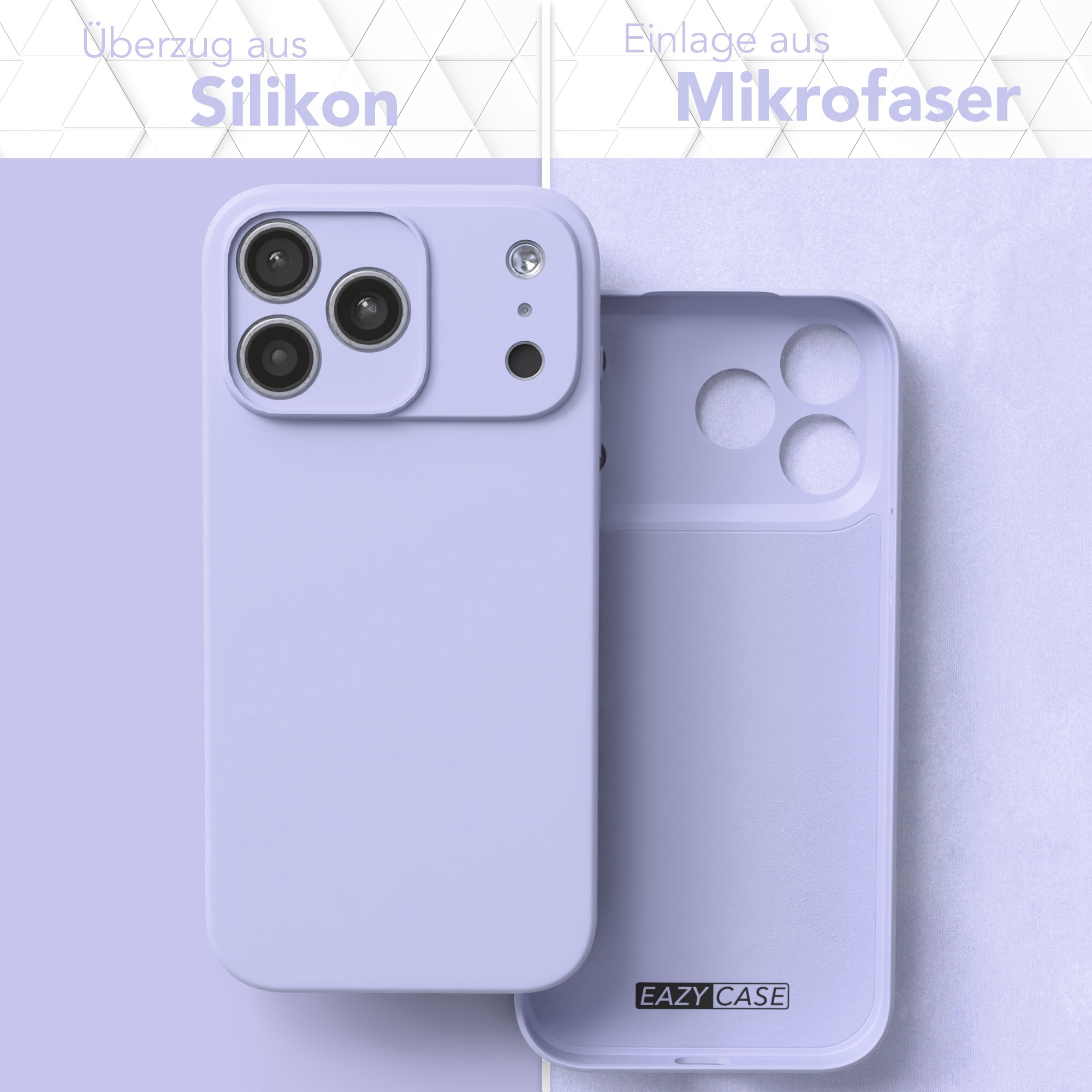 Lilabettriebene Silikon-Smartphone-Hülle mit Mikrofasereinlage auf hellvioletter Oberfläche.