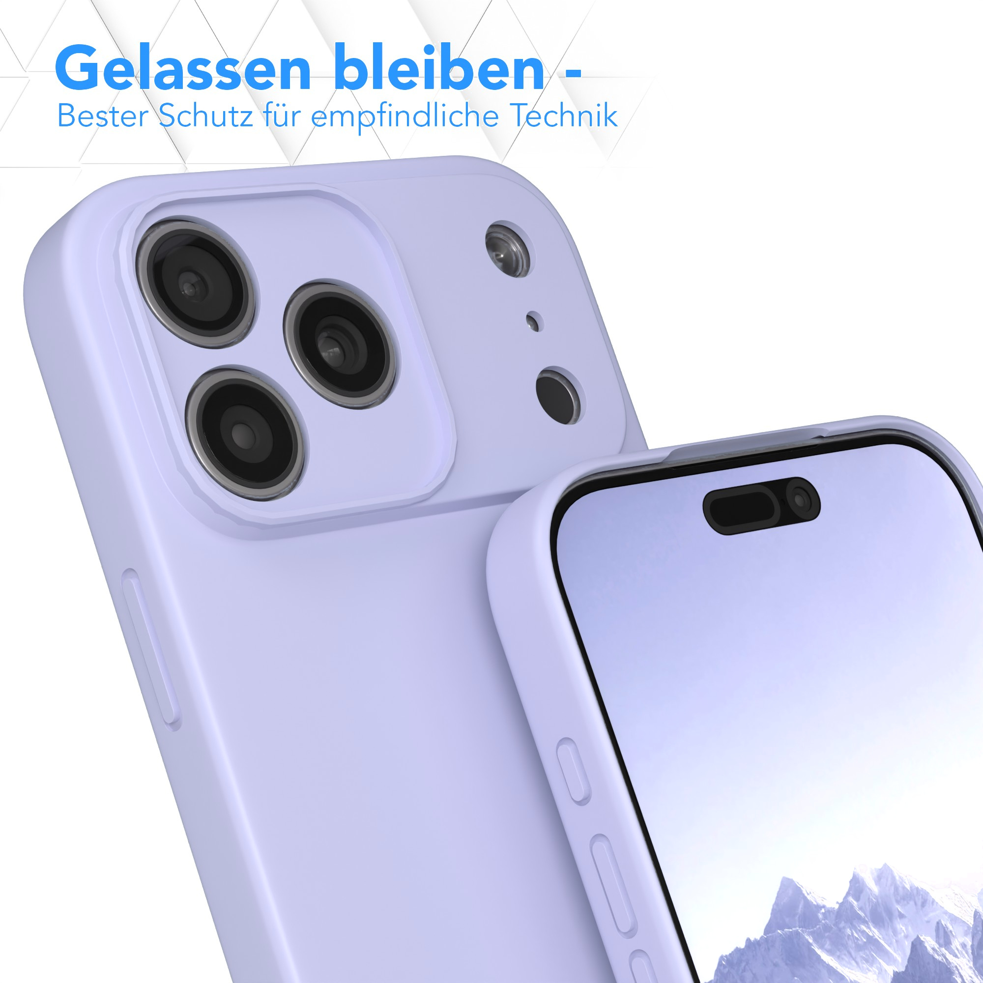 Zwei hellila Handyhüllen für iPhones mit Ausschnitten für Kameras und Tasten vor weißem Hintergrund.