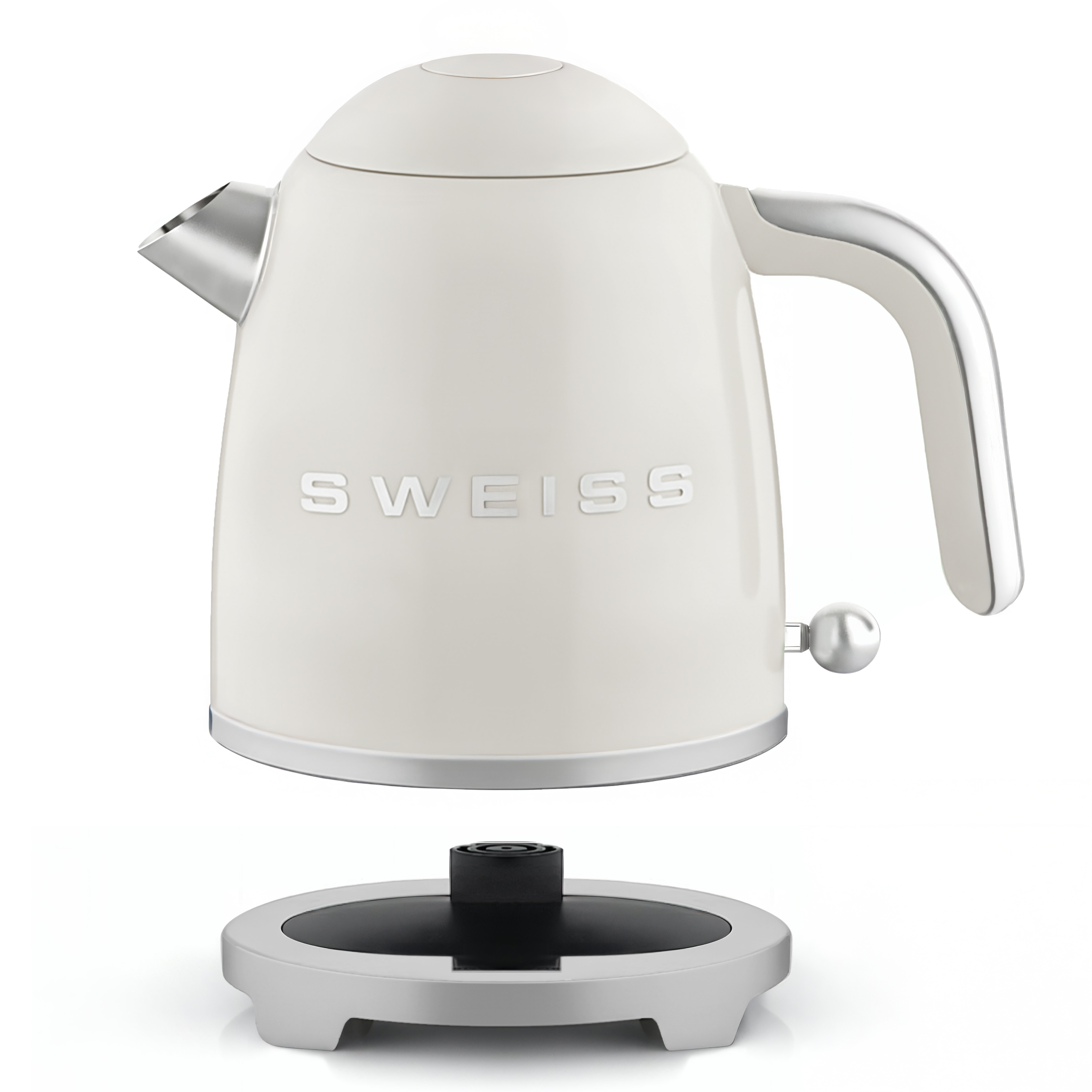 Ein cremefarbener Wasserkocher mit silbernem Griff, der über seiner Basis schwebt.
