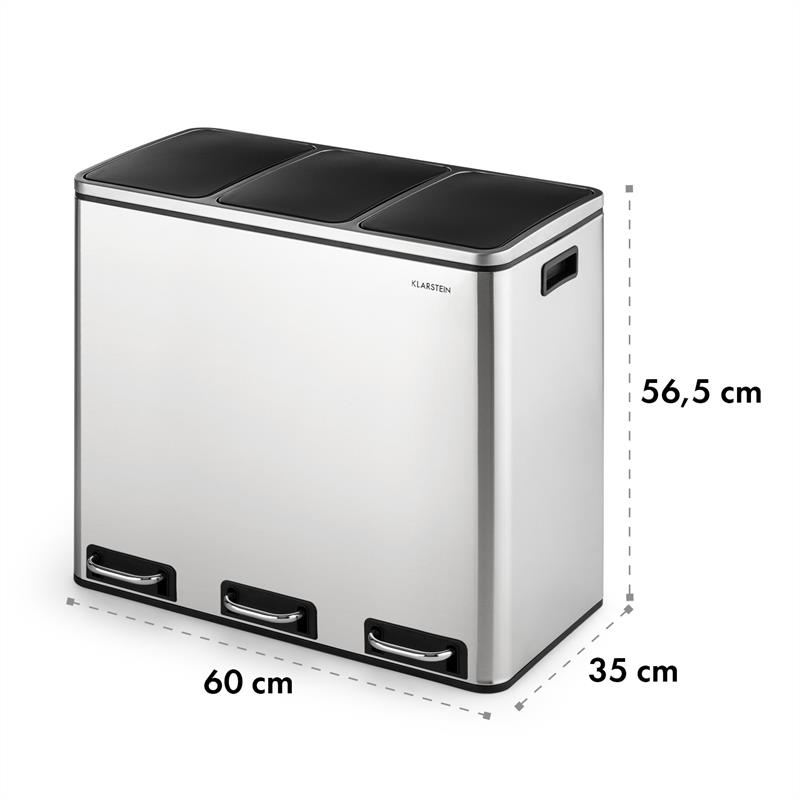 Bidone per la raccolta differenziata triplo in acciaio inossidabile con dimensioni di 60 cm di larghezza, 35 cm di profondità e 56,5 cm di altezza.
