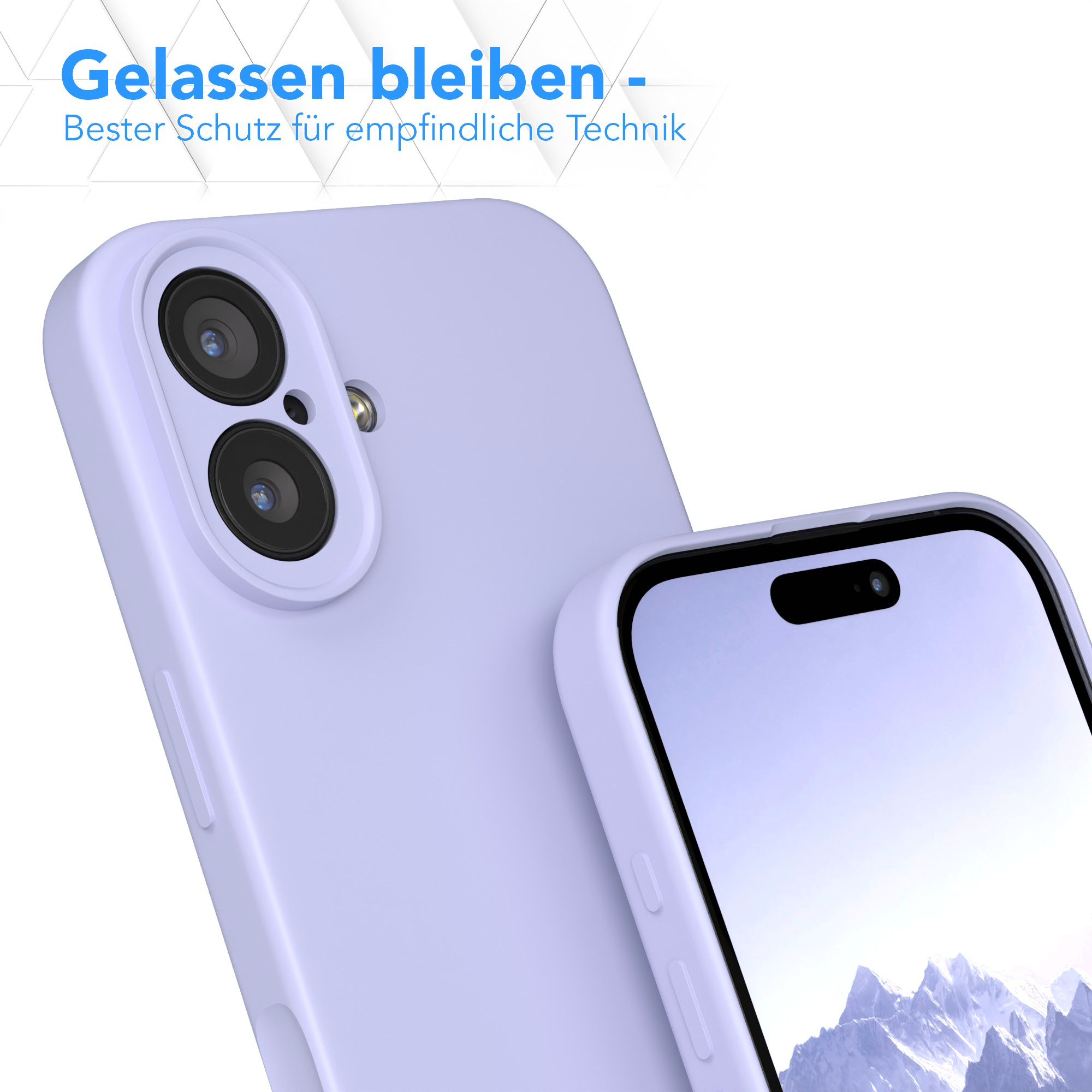 Lila Smartphone in einer Schutzhülle mit zwei Kameras, Text oben.
