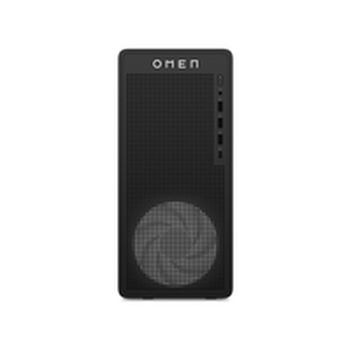 Ordenador de sobremesa HP Omen negro con panel frontal de malla y ventilador iluminado.