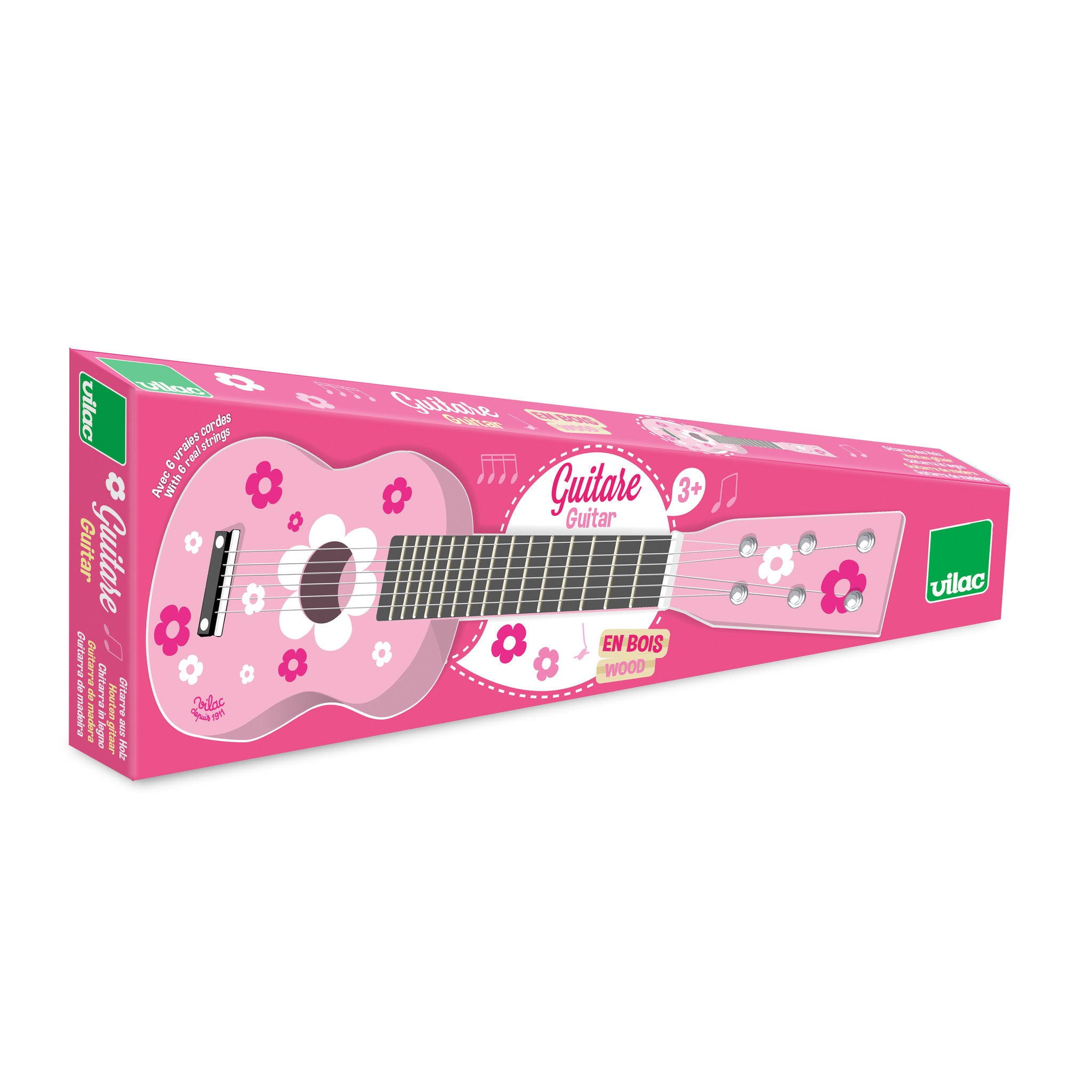 Rosa Spielzeug-Holzgitarre in einer passenden pinken Schachtel mit Blumenmuster.