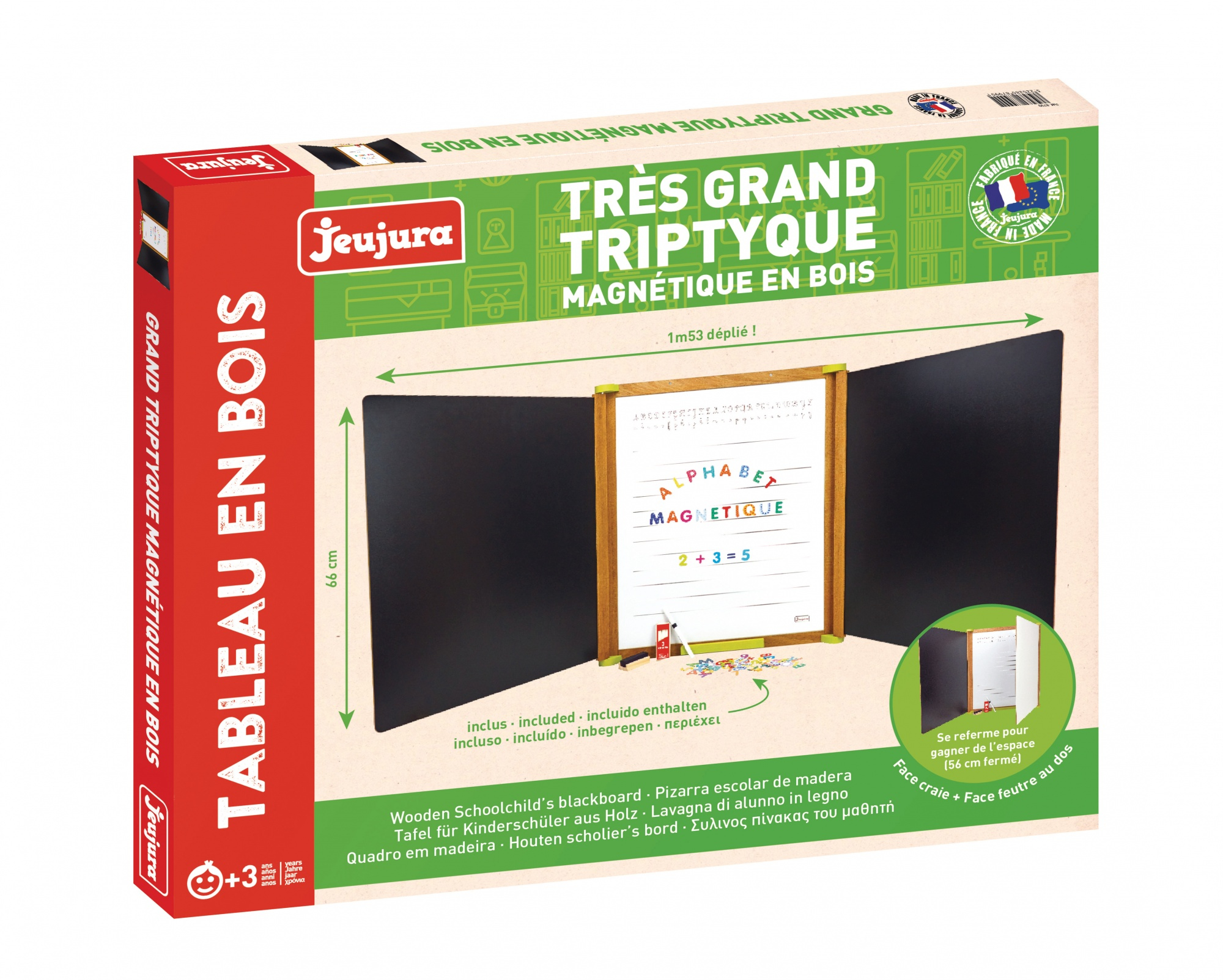 Produktverpackung für Jeujura großes magnetisches Holztafel-Triptychon mit Alphabet und Zubehör.