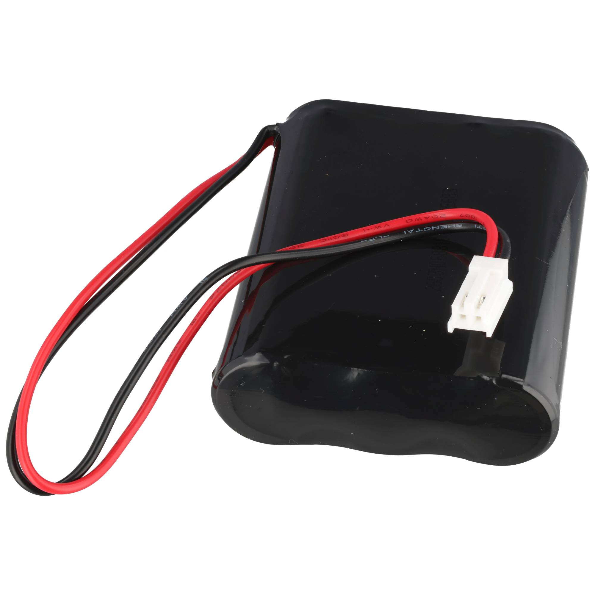 Ein schwarzer Akku mit roten und schwarzen Kabeln, die mit einem weißen Stecker enden.
