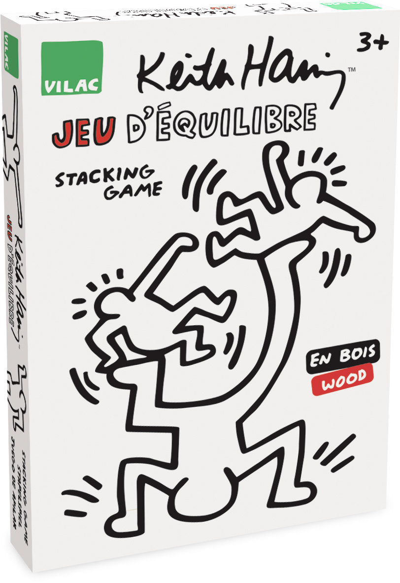 Weiße Box für ein Vilac Keith Haring Holzstapelspiel mit schwarzen Figurenzeichnungen.