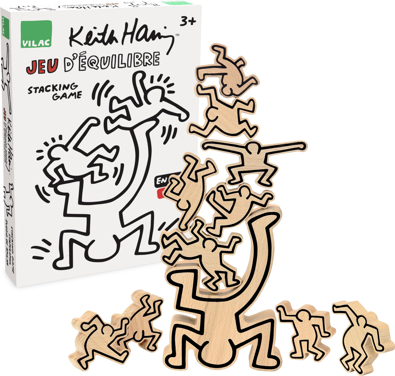 Keith-Haring-Stapelspiel mit tanzenden Holzmiguren, neben der Verpackung abgebildet.