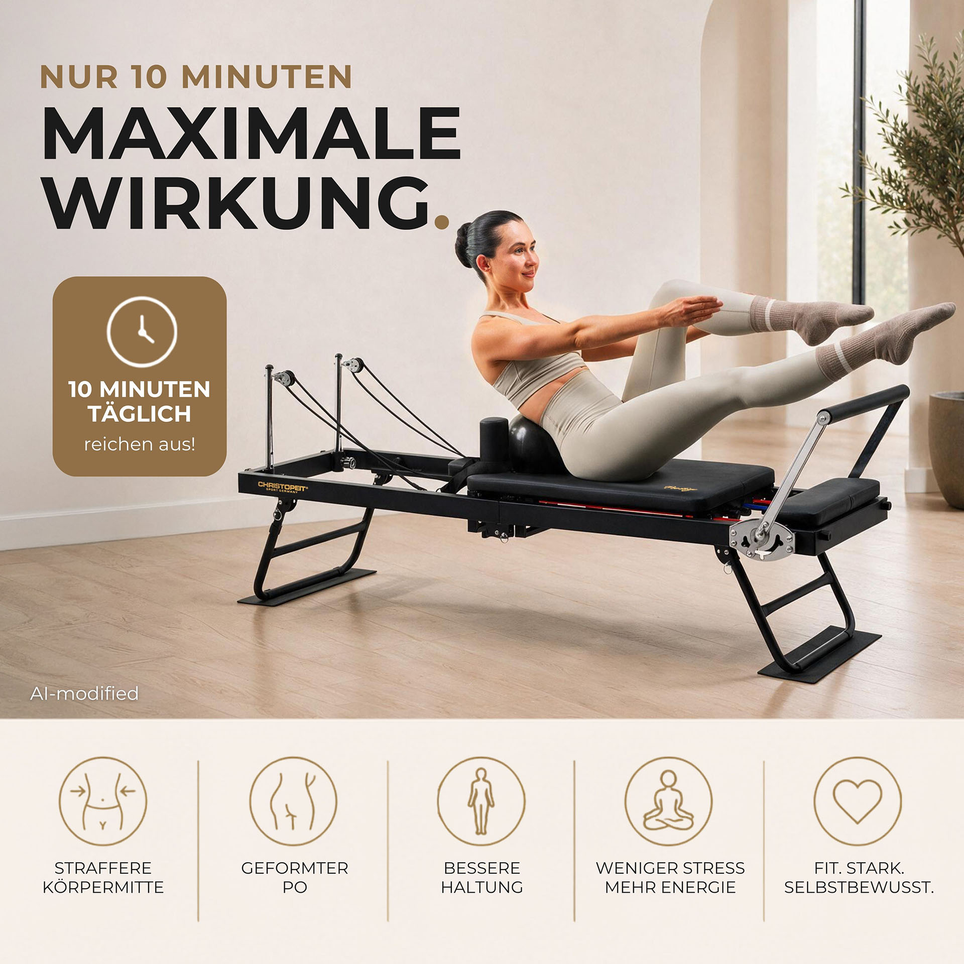 Eine Frau in Sportkleidung macht Pilates-Übungen auf einem schwarzen Pilates-Reformer in einem hellen Raum.