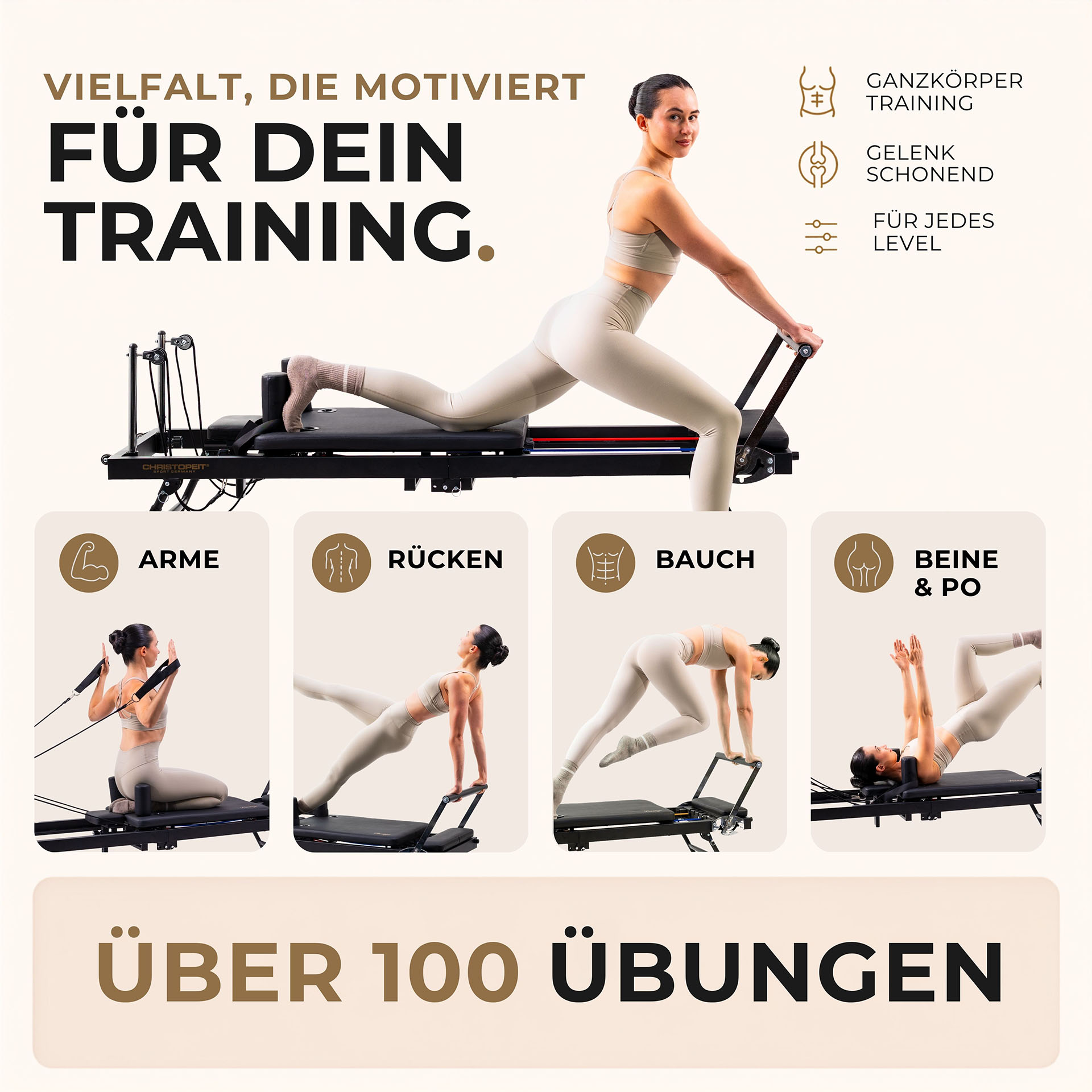 Eine Frau in Sportkleidung demonstriert verschiedene Pilates-Übungen auf einem Reformer-Gerät.