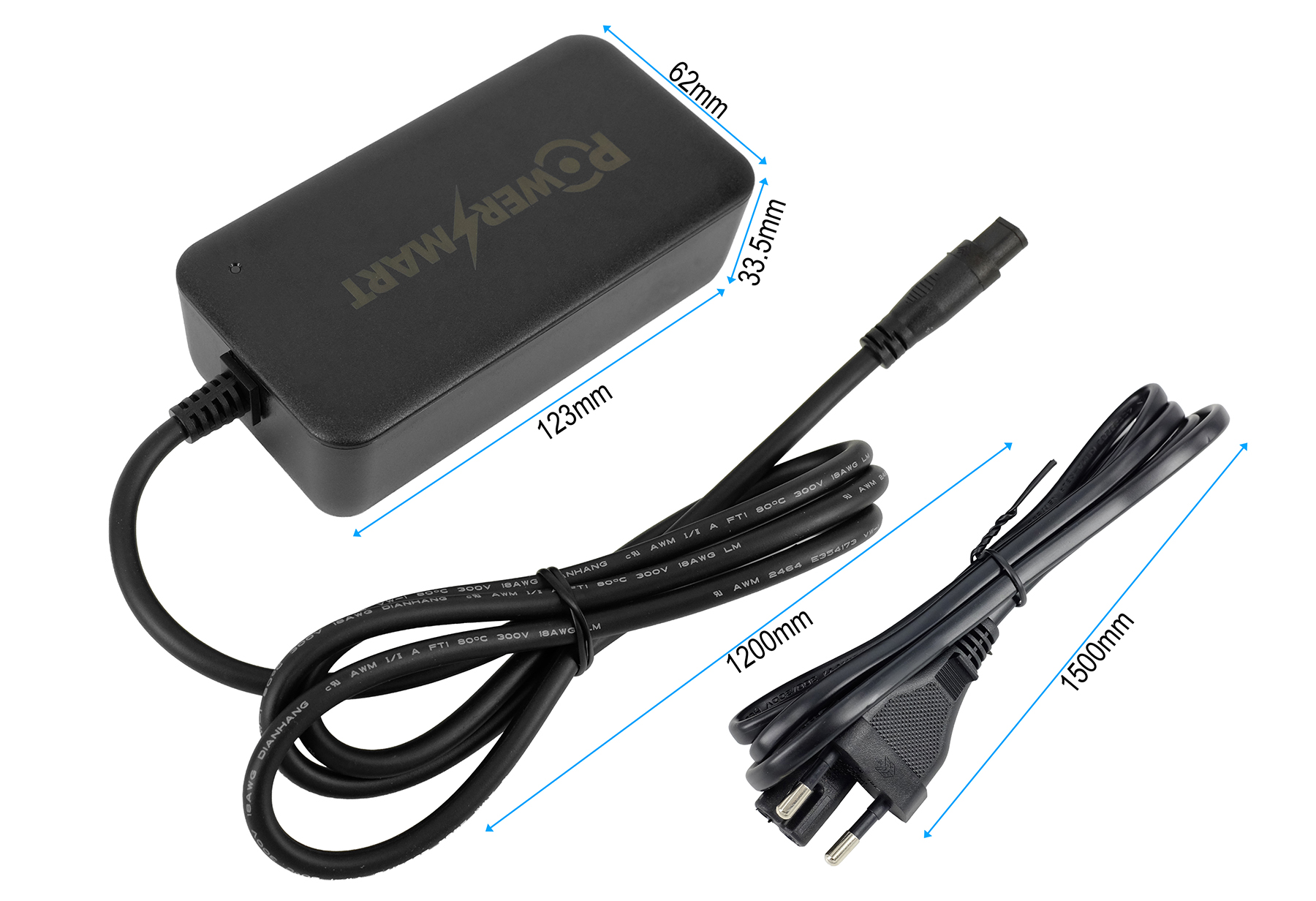 Alimentatore PowerSmart nero con cavo staccabile e dimensioni.