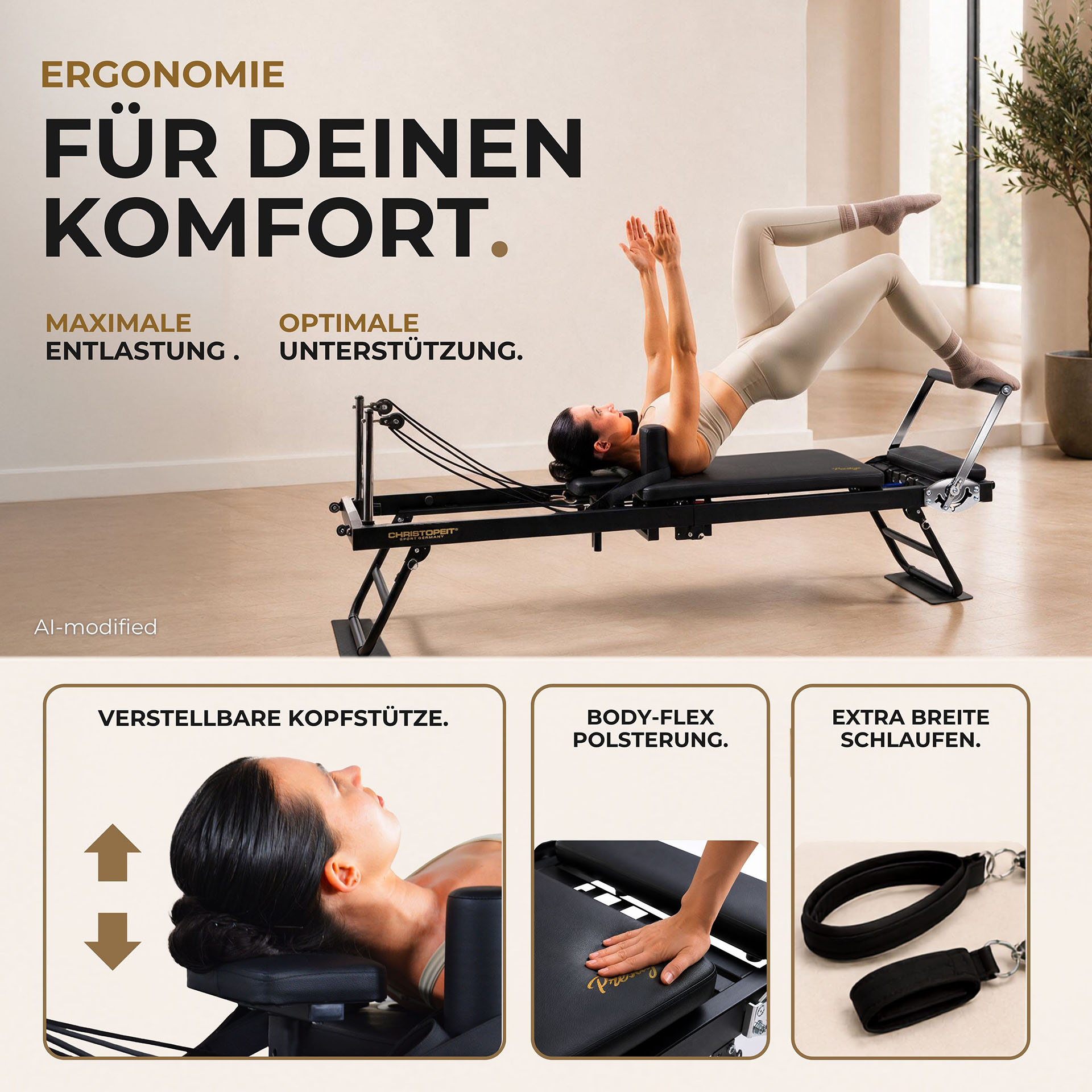 Eine Frau nutzt einen Pilates-Reformer, mit Nahaufnahmen der verstellbaren Kopfstütze, Polsterung und Schlaufen.