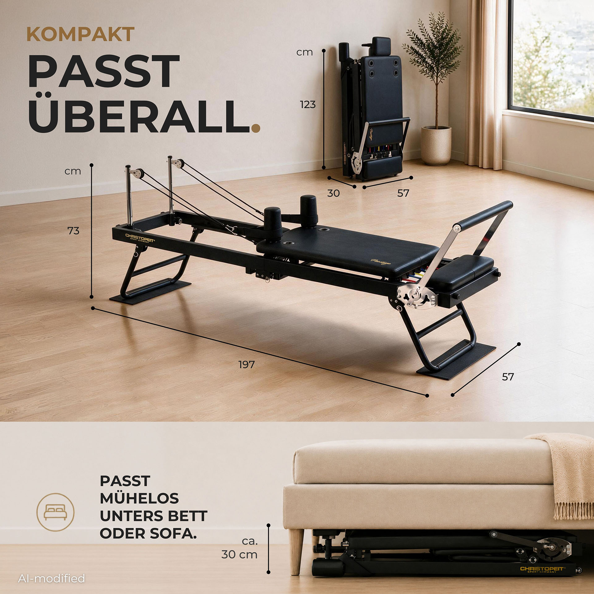 Schwarzes Pilates-Gerät mit Maßen, gefaltet im Hintergrund und unter einem Sofa verstaut.