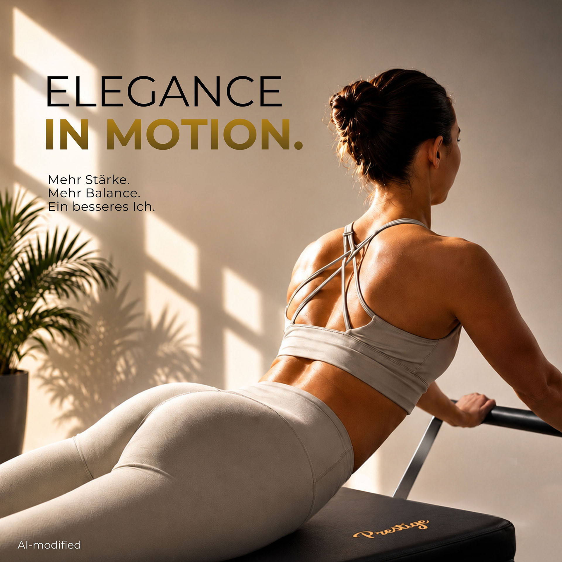 Eine Frau in grauer Sportkleidung trainiert auf einem Pilates-Reformer, mit Text und Pflanze im Hintergrund.