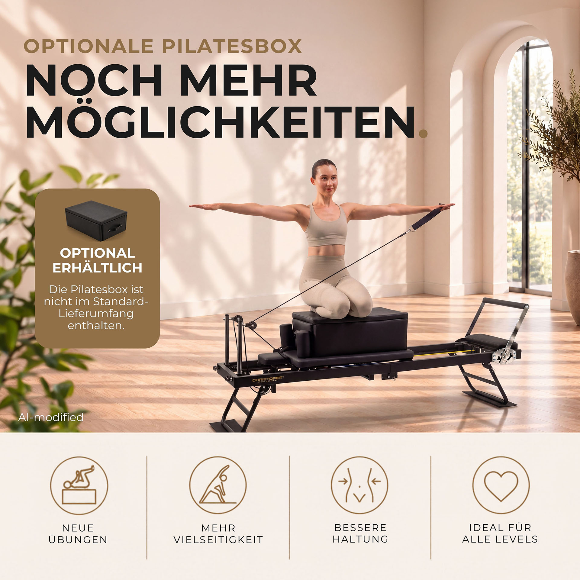 Frau kniet auf einer Pilates-Box auf einem Reformer in einem hellen Raum.