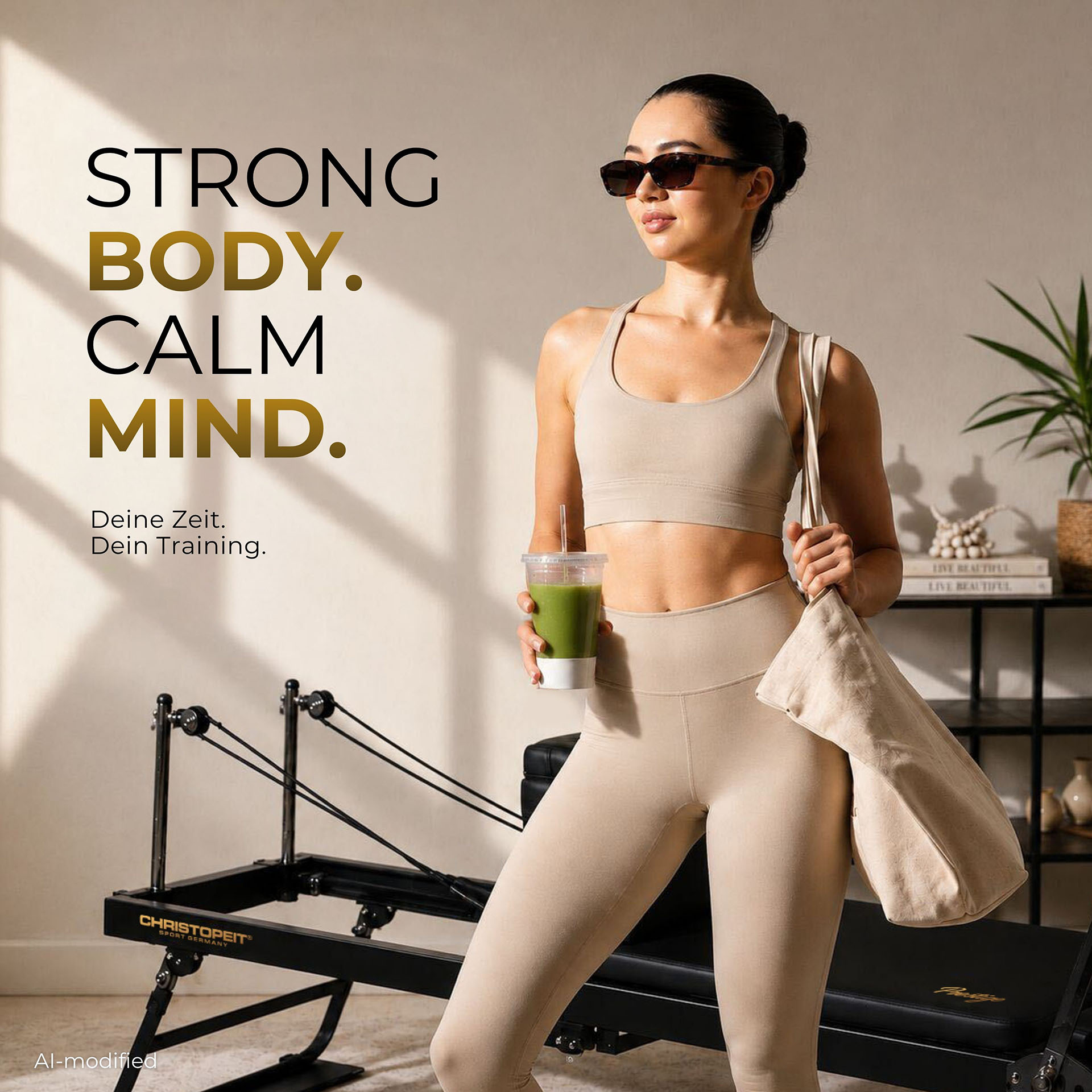 Eine Frau in Sportkleidung hält einen grünen Smoothie und eine Tasche vor einem Pilates-Gerät.