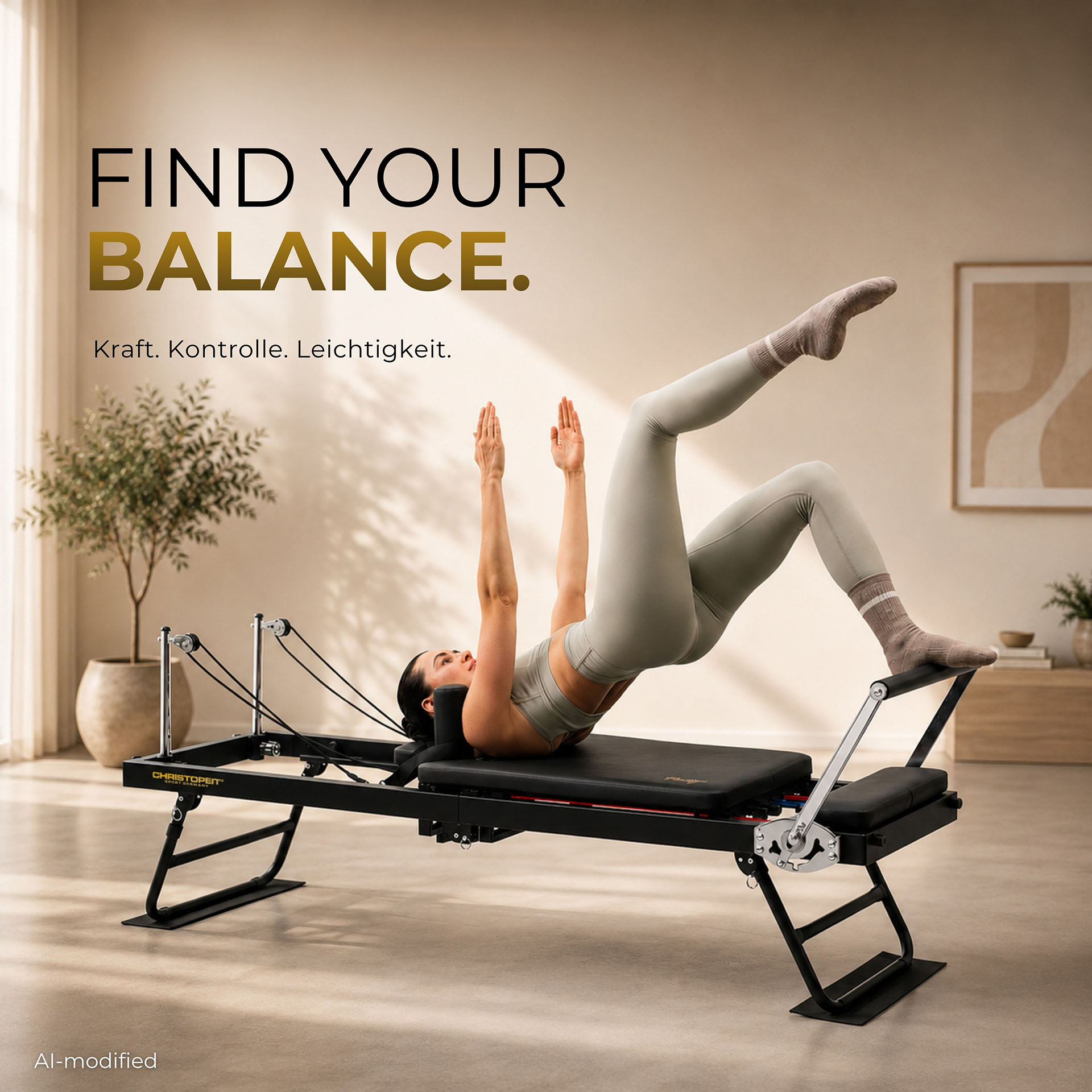 Eine Frau in Sportkleidung trainiert drinnen an einem schwarzen Pilates-Reformer.